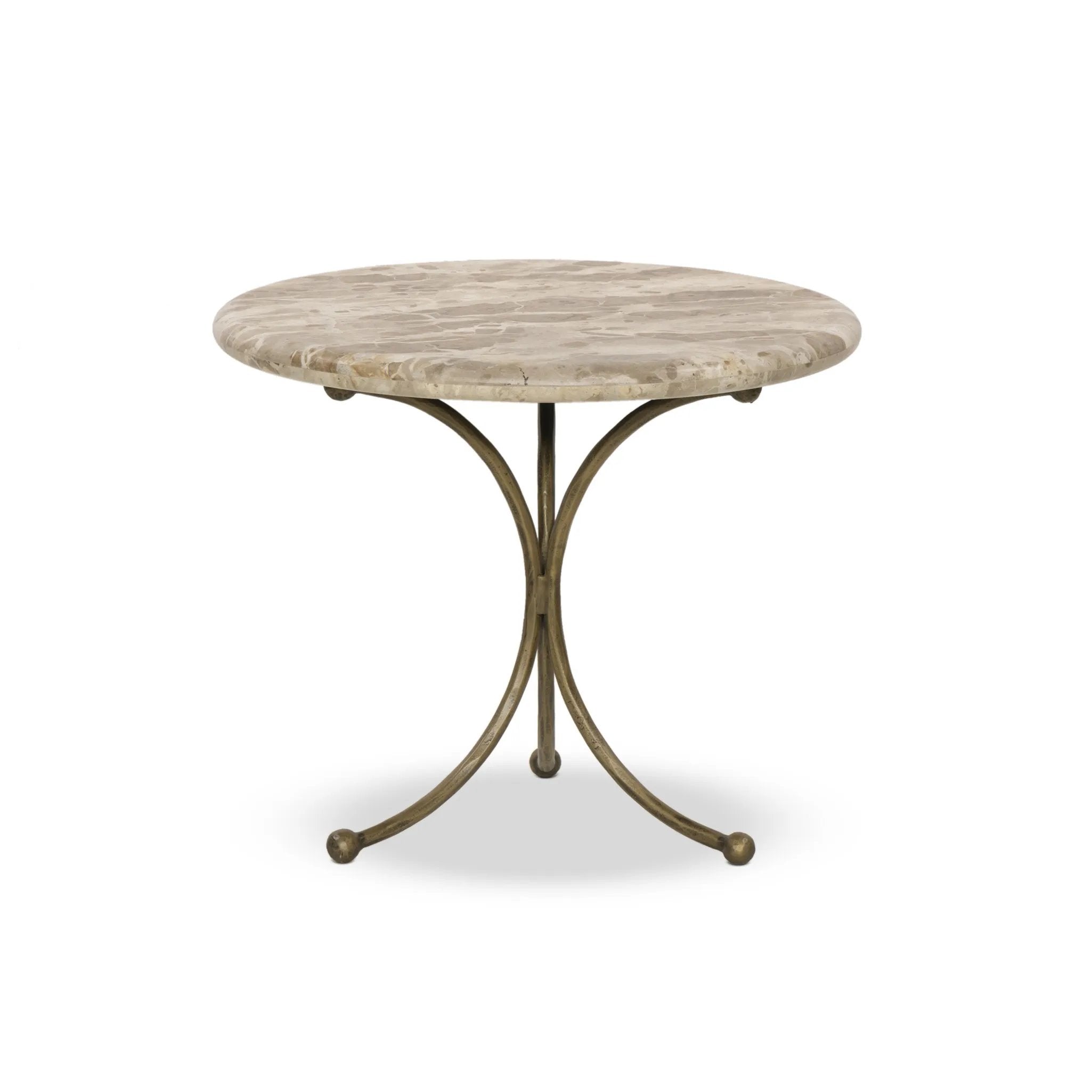 Hammered aged brass forms a tulip-shaped base with ball details for a design-forward touch. Bullnose edges on a rounded fossil marble tabletop soften the whole look Amethyst Home provides interior design, new home construction design consulting, vintage area rugs, and lighting in the Park City metro area.