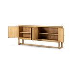 Worn oak sideboard with paneled doors, all atop an elevated stand. With natural cracks for character, this piece brings bonus storage and vintage charm to dining spaces Amethyst Home provides interior design, new home construction design consulting, vintage area rugs, and lighting in the Charlotte metro area.