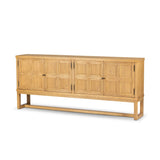 Worn oak sideboard with paneled doors, all atop an elevated stand. With natural cracks for character, this piece brings bonus storage and vintage charm to dining spaces Amethyst Home provides interior design, new home construction design consulting, vintage area rugs, and lighting in the Houston metro area.