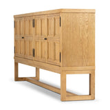 Worn oak sideboard with paneled doors, all atop an elevated stand. With natural cracks for character, this piece brings bonus storage and vintage charm to dining spaces Amethyst Home provides interior design, new home construction design consulting, vintage area rugs, and lighting in the Winter Garden metro area.