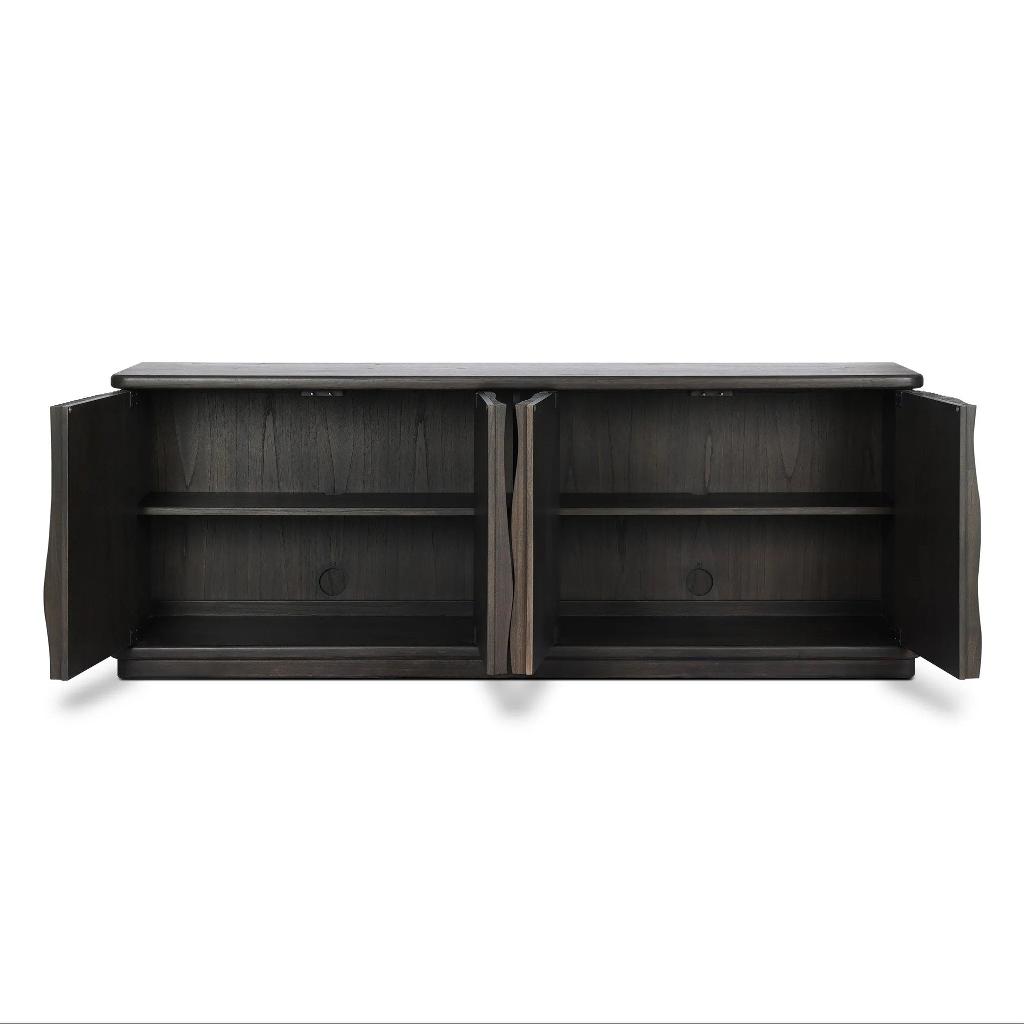 Bring a truly unique look to the dining or living space with this stunning sideboard inspired by rolling ocean tides. Crafted of solid mindi and mindi veneer, a stunning front features repetitive, flow-like reeding that's been precision-cut in individual pieces and assembled onto the doors, creating deep curves reminiscent of rippling waves. Amethyst Home provides interior design, new home construction design consulting, vintage area rugs, and lighting in the Austin metro area.