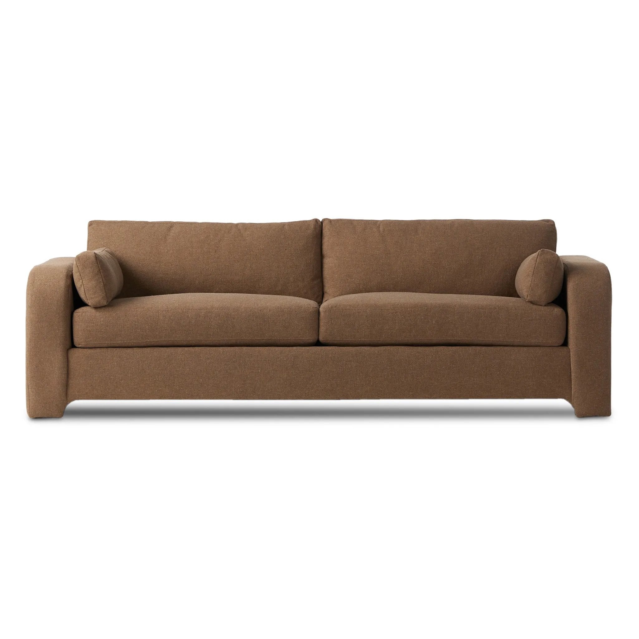 Made in the USA, this inviting sofa features large, arched arms with extra padding, offering a sleek yet comfortable look. Upholstered in a durable, linen-like fabric, it balances practicality with a soft, textured feel. Six loose cushions ? including two large back and seat cushions and two side cushions ? create a cozy, double-arm design Amethyst Home provides interior design, new home construction design consulting, vintage area rugs, and lighting in the Laguna Beach metro area.