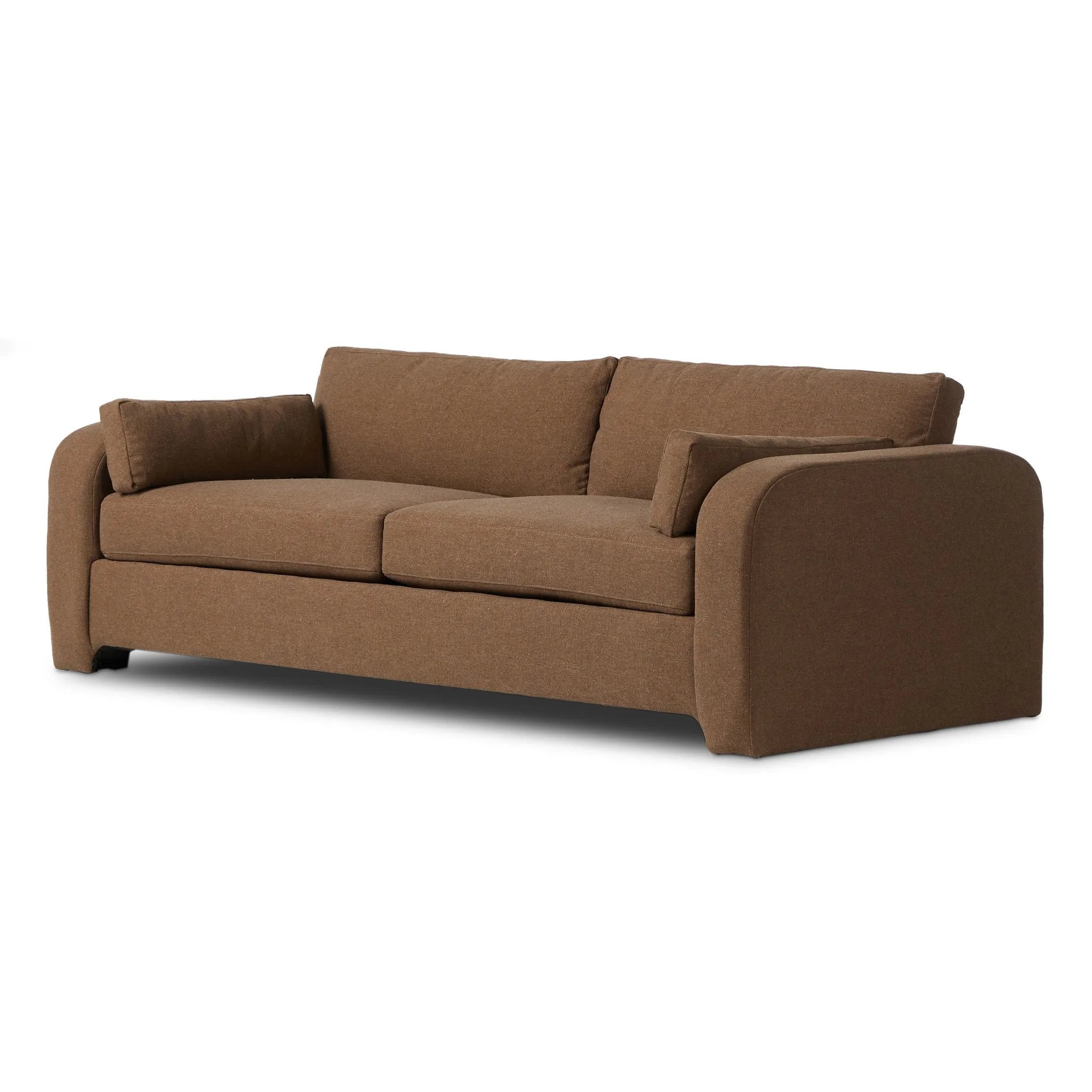 Made in the USA, this inviting sofa features large, arched arms with extra padding, offering a sleek yet comfortable look. Upholstered in a durable, linen-like fabric, it balances practicality with a soft, textured feel. Six loose cushions ? including two large back and seat cushions and two side cushions ? create a cozy, double-arm design Amethyst Home provides interior design, new home construction design consulting, vintage area rugs, and lighting in the Seattle metro area.