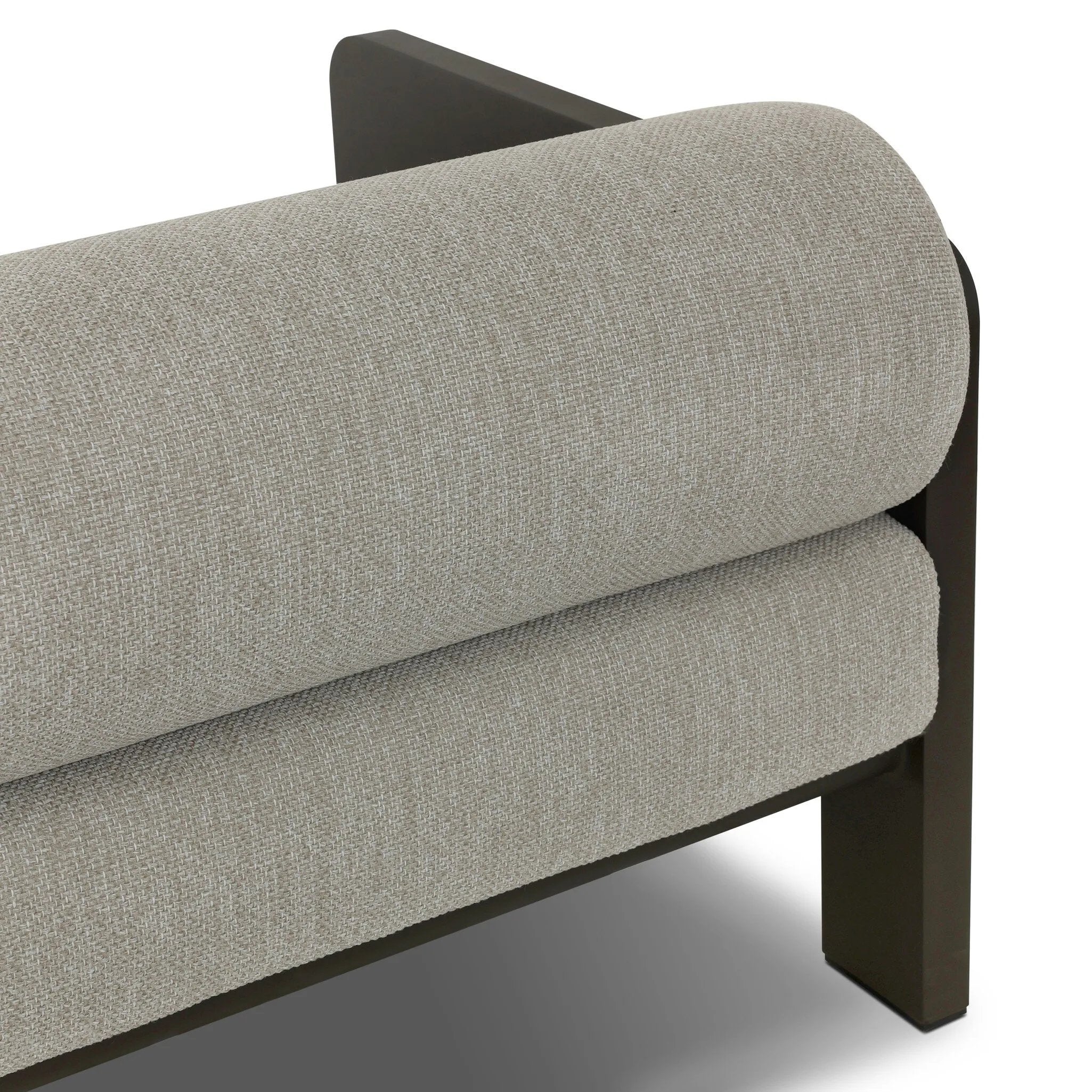 Aluminum frames heavy-proportioned bench-style seat and bolster back cushions, giving this outdoor sofa clean lines and strong visual presence. Cover or store inside during inclement weather or when not in use.As lovers of natural aesthetics at Amethyst, we love the nature inspired Tatiana Outdoor Sofa-86" - Ramiro Ecru. Amethyst Home provides interior design, new home construction design consulting, vintage area rugs, and lighting in the Park City metro area.