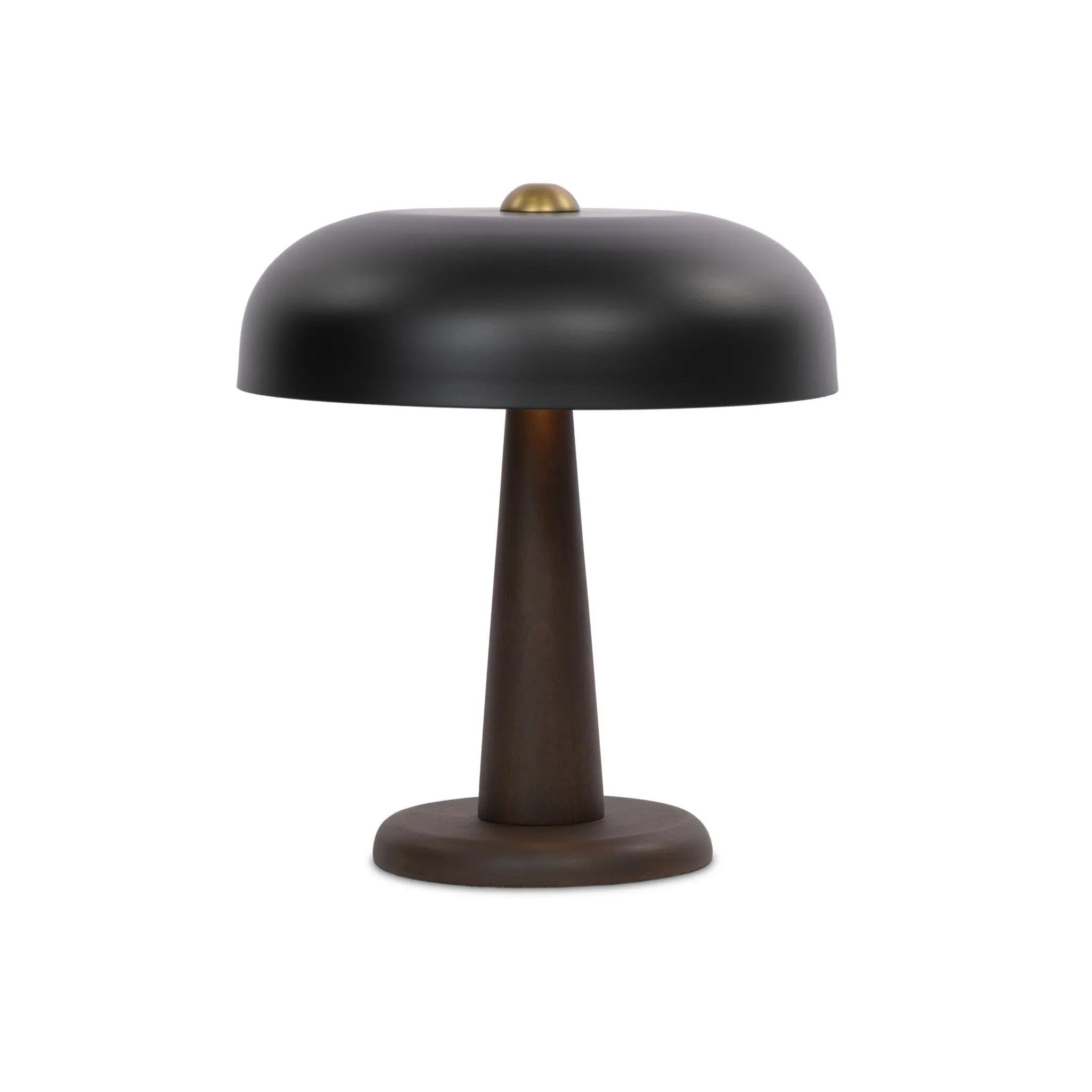 Featuring Tennon Russet Mango Table Lamp by Four Hands at Amethyst Home. This Seventies-inspired table lamp combines a low, curved metal shade with a classic brass finial and wooden base. Perfect in a home office or on your nightstand as a bedside reading lamp. Overall Dimensions: 14.00"w x 14.00"d x 16.00"h. Amethyst Home provides interior design, new home construction design consulting, vintage area rugs, and lighting in the Austin metro area.