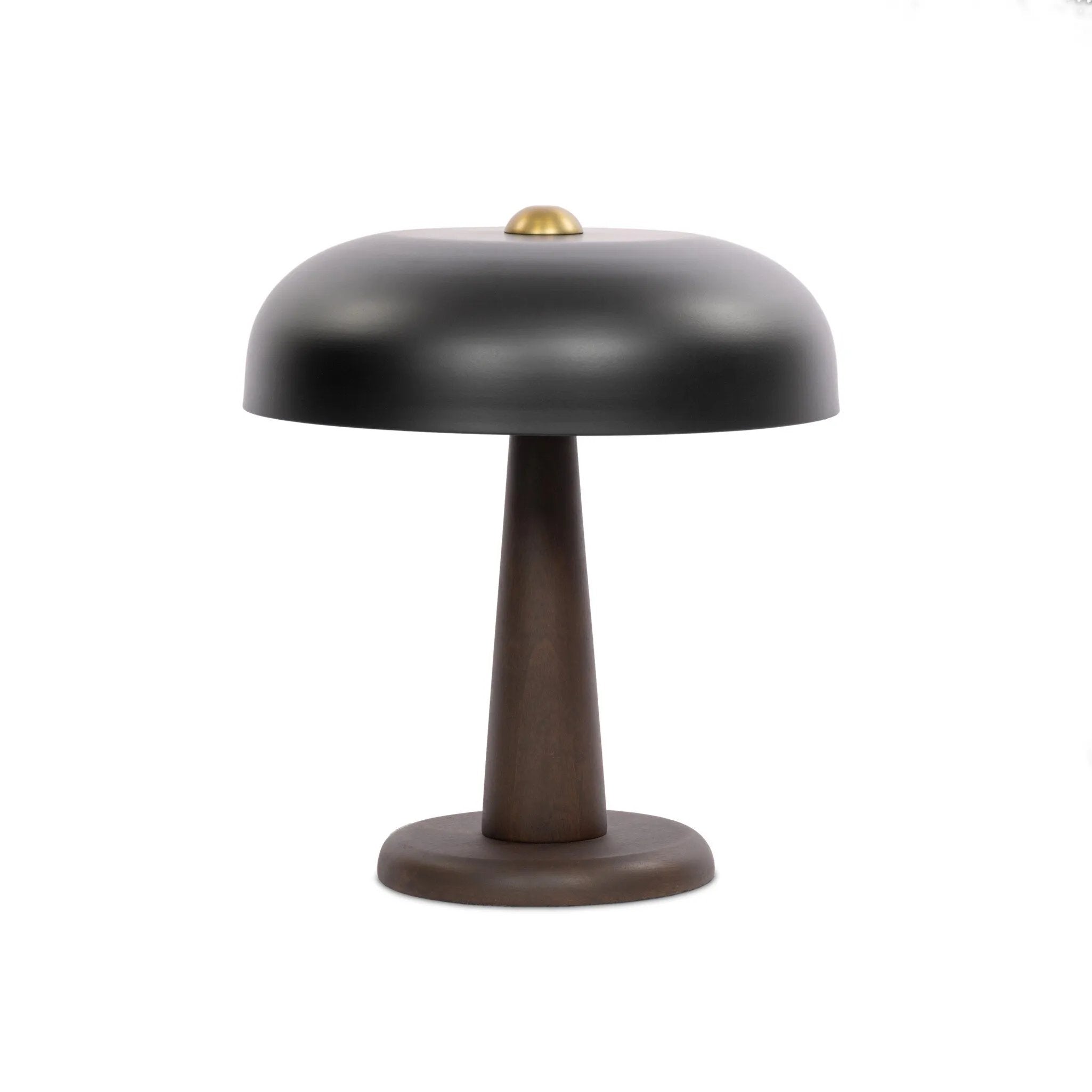 This Seventies-inspired table lamp combines a low, curved metal shade with a classic brass finial and wooden base. Perfect in a home office or on your nightstand as a bedside reading lamp Amethyst Home provides interior design, new home construction design consulting, vintage area rugs, and lighting in the Seattle metro area.