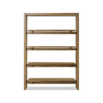 Wide and stately, with plenty of space for storage and display. A bookcase made from rustic amber-finished oak shapes a wide floating shelf design, with layered cross supports bringing an architectural feel to the office or living room Amethyst Home provides interior design, new home construction design consulting, vintage area rugs, and lighting in the Austin metro area.