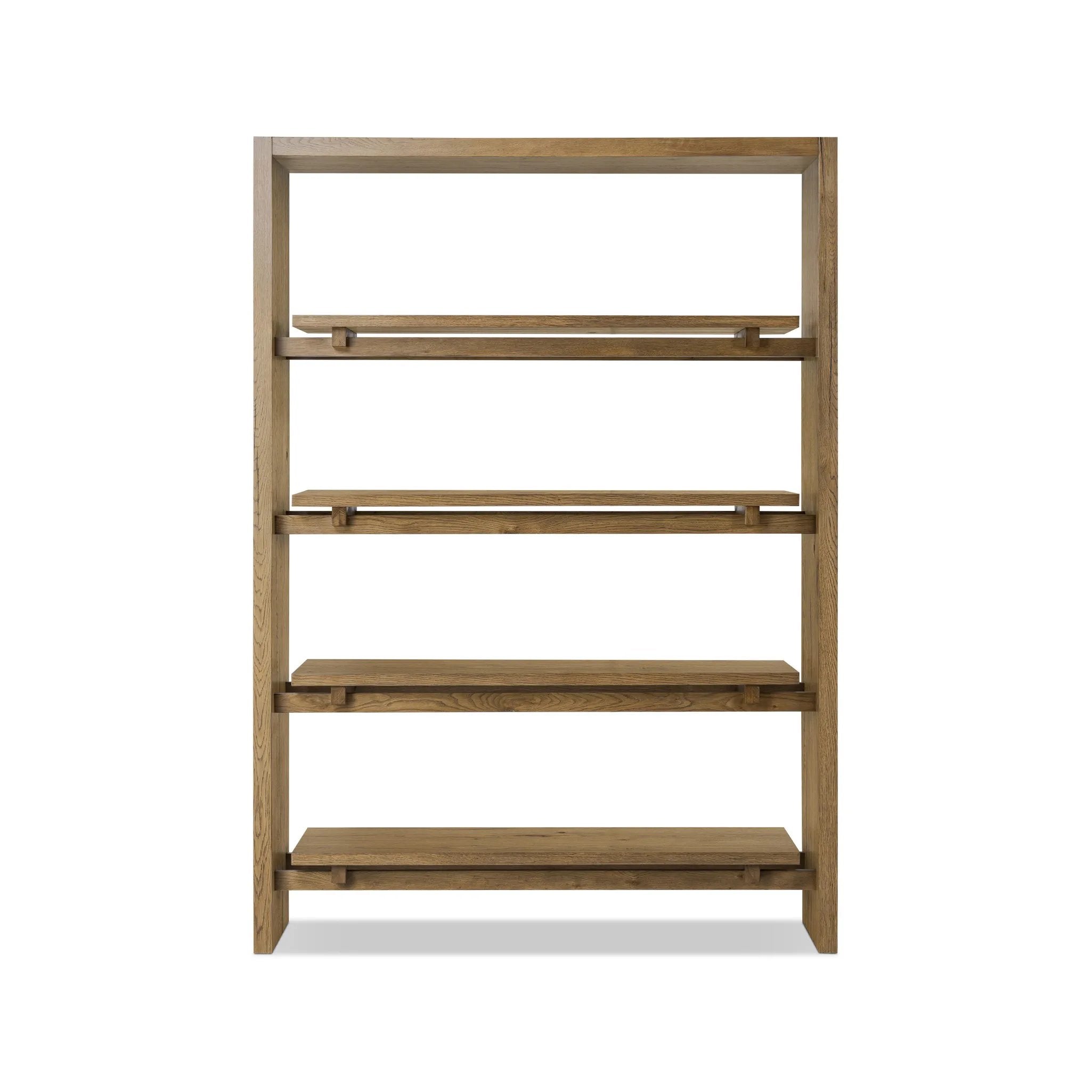 Wide and stately, with plenty of space for storage and display. A bookcase made from rustic amber-finished oak shapes a wide floating shelf design, with layered cross supports bringing an architectural feel to the office or living room Amethyst Home provides interior design, new home construction design consulting, vintage area rugs, and lighting in the Austin metro area.