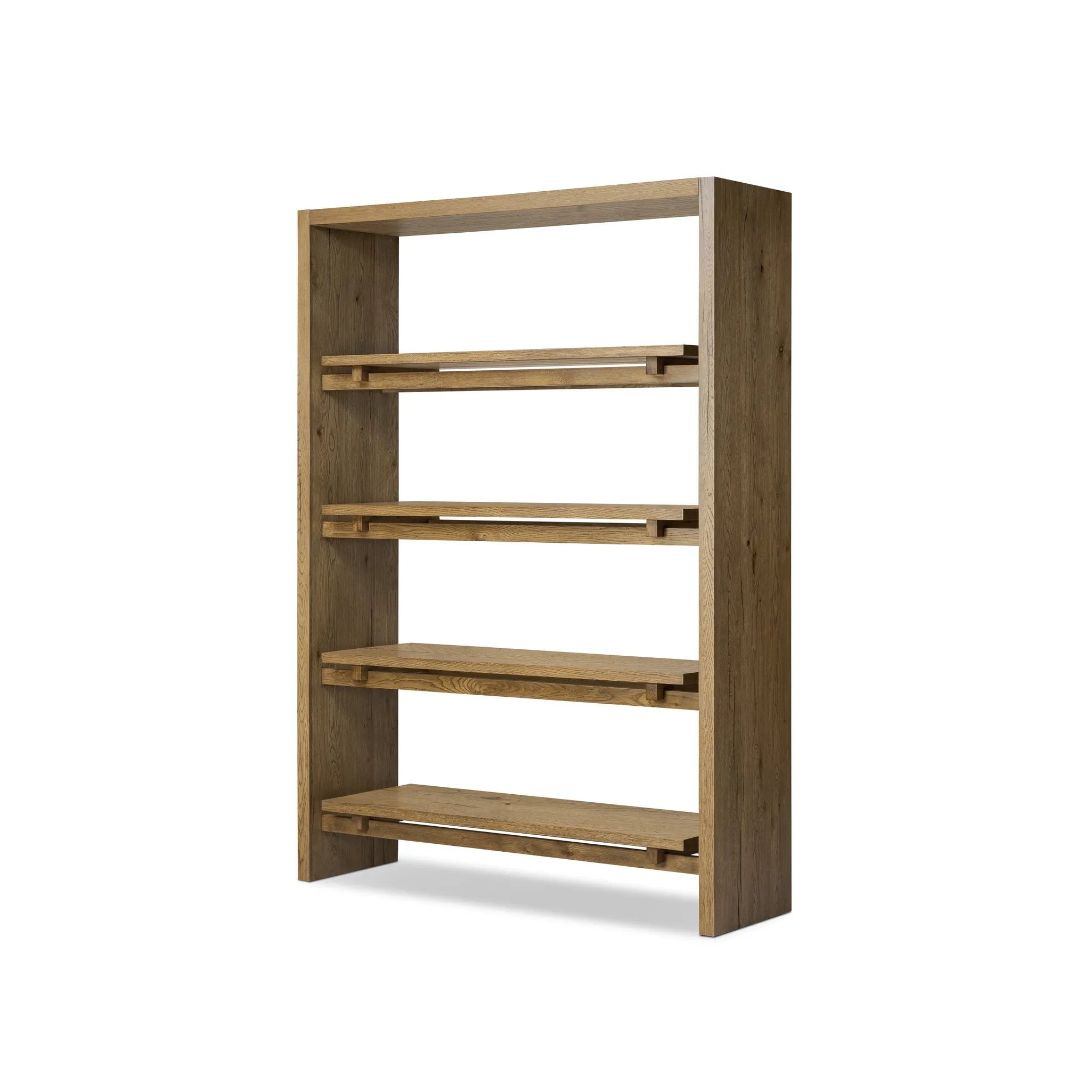 Wide and stately, with plenty of space for storage and display. A bookcase made from rustic amber-finished oak shapes a wide floating shelf design, with layered cross supports bringing an architectural feel to the office or living room Amethyst Home provides interior design, new home construction design consulting, vintage area rugs, and lighting in the Scottsdale metro area.