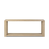 Made from bleached solid oak, a long, open-style console table brings a light, clean look to your living or media room. Lower shelving brings bonus storage and display of media, favorite books and more Amethyst Home provides interior design, new home construction design consulting, vintage area rugs, and lighting in the Boston metro area.