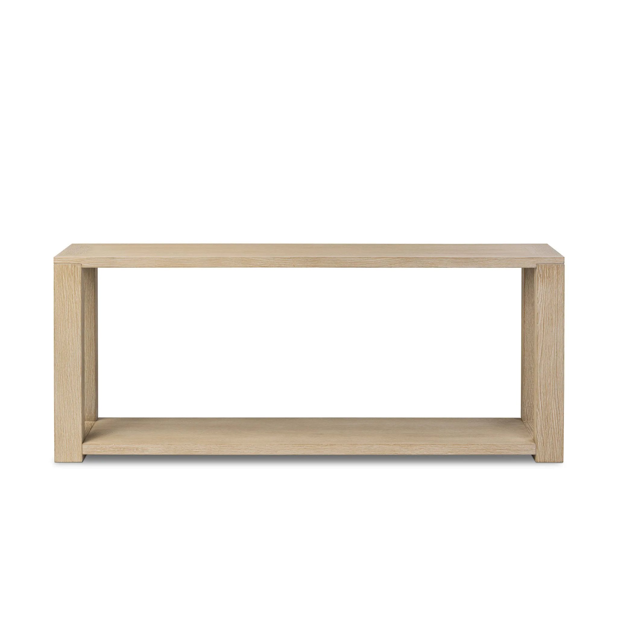 Made from bleached solid oak, a long, open-style console table brings a light, clean look to your living or media room. Lower shelving brings bonus storage and display of media, favorite books and more Amethyst Home provides interior design, new home construction design consulting, vintage area rugs, and lighting in the Calabasas metro area.
