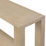 Made from bleached solid oak, a long, open-style console table brings a light, clean look to your living or media room. Lower shelving brings bonus storage and display of media, favorite books and more Amethyst Home provides interior design, new home construction design consulting, vintage area rugs, and lighting in the Charlotte metro area.