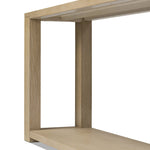 Made from bleached solid oak, a long, open-style console table brings a light, clean look to your living or media room. Lower shelving brings bonus storage and display of media, favorite books and more Amethyst Home provides interior design, new home construction design consulting, vintage area rugs, and lighting in the Houston metro area.