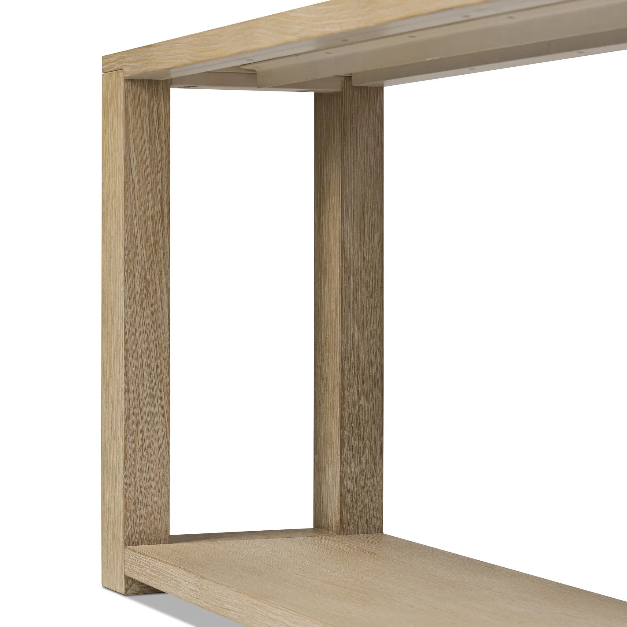 Made from bleached solid oak, a long, open-style console table brings a light, clean look to your living or media room. Lower shelving brings bonus storage and display of media, favorite books and more Amethyst Home provides interior design, new home construction design consulting, vintage area rugs, and lighting in the Houston metro area.