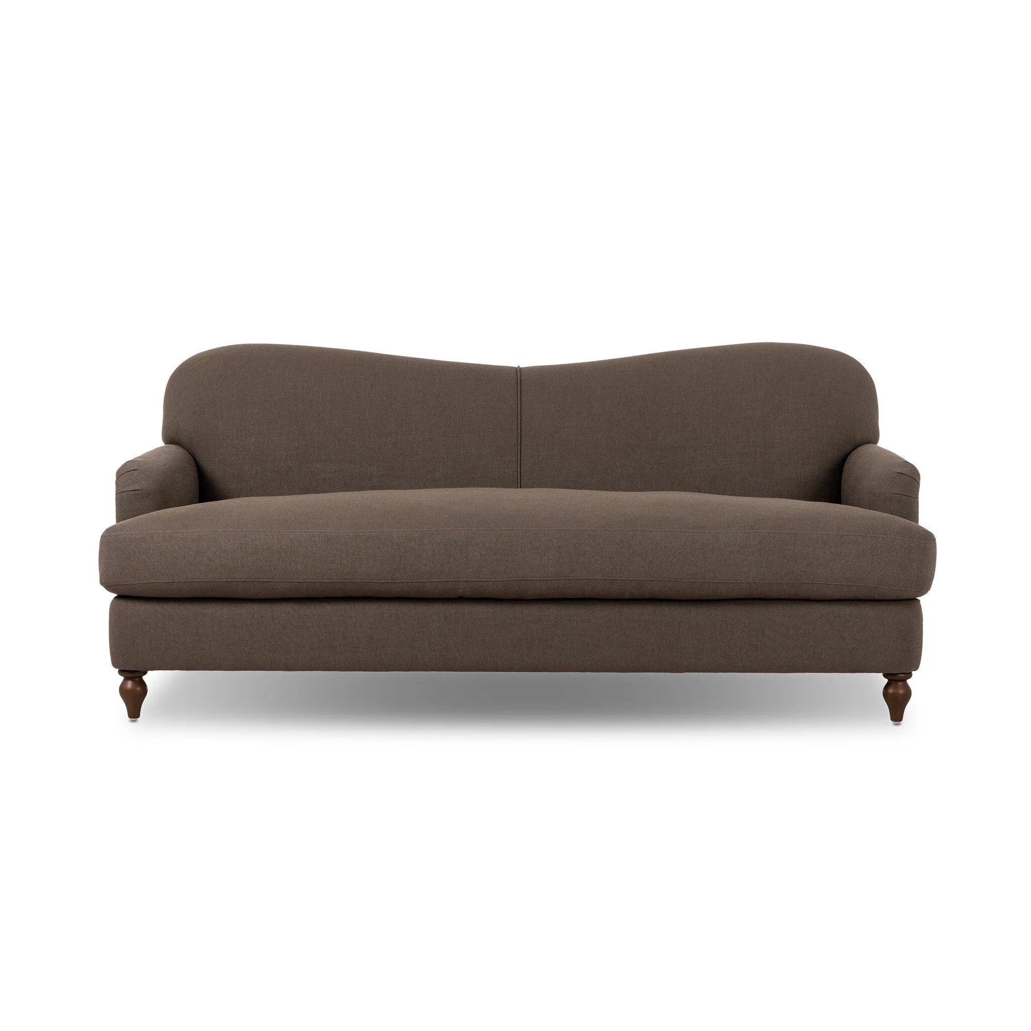 The traditional English roll-arm sofa gains refinement. Clean lines replace the fuss, retaining nothing but pure, effortless comfort. The sofa features a graceful reverse camelback and back-turned wooden legs, balanced by pleated arms and an exaggerated, voluminous seat cushion. Generously filled with feathers for added texture and character. Amethyst Home provides interior design, new home construction design consulting, vintage area rugs, and lighting in the Alpharetta metro area.