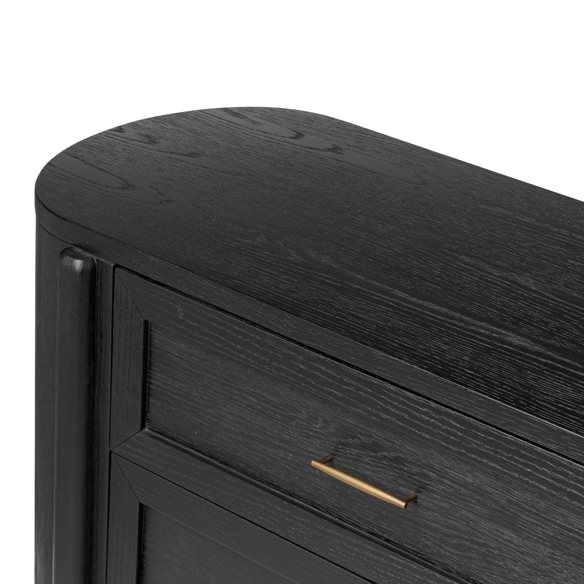Infuse your collection with timeless midcentury design. Crafted from oak and parawood, a six-drawer dresser is finished in a matte black, with simple brass hardware Amethyst Home provides interior design, new home construction design consulting, vintage area rugs, and lighting in the Alpharetta metro area.