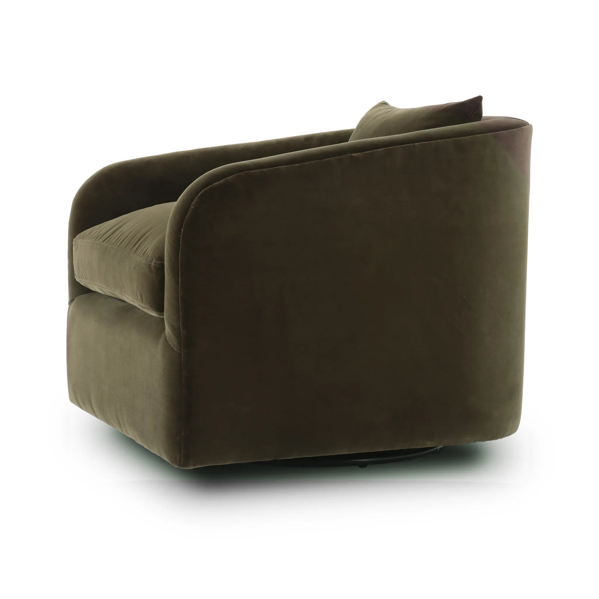 Angled arms and a single pillow create a laid-back look, while a hidden 360-swivel offers ease in your office of living room Amethyst Home provides interior design, new home construction design consulting, vintage area rugs, and lighting in the Dallas metro area.