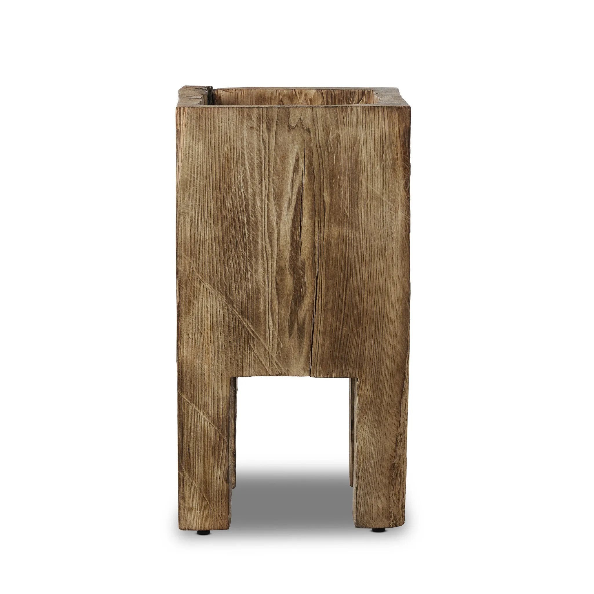 Character-rich reclaimed wood shapes this natural statement planter, with heavy cracking and texture conveying a found look. Not water tight; liner/pot required Amethyst Home provides interior design, new home construction design consulting, vintage area rugs, and lighting in the Monterey metro area.