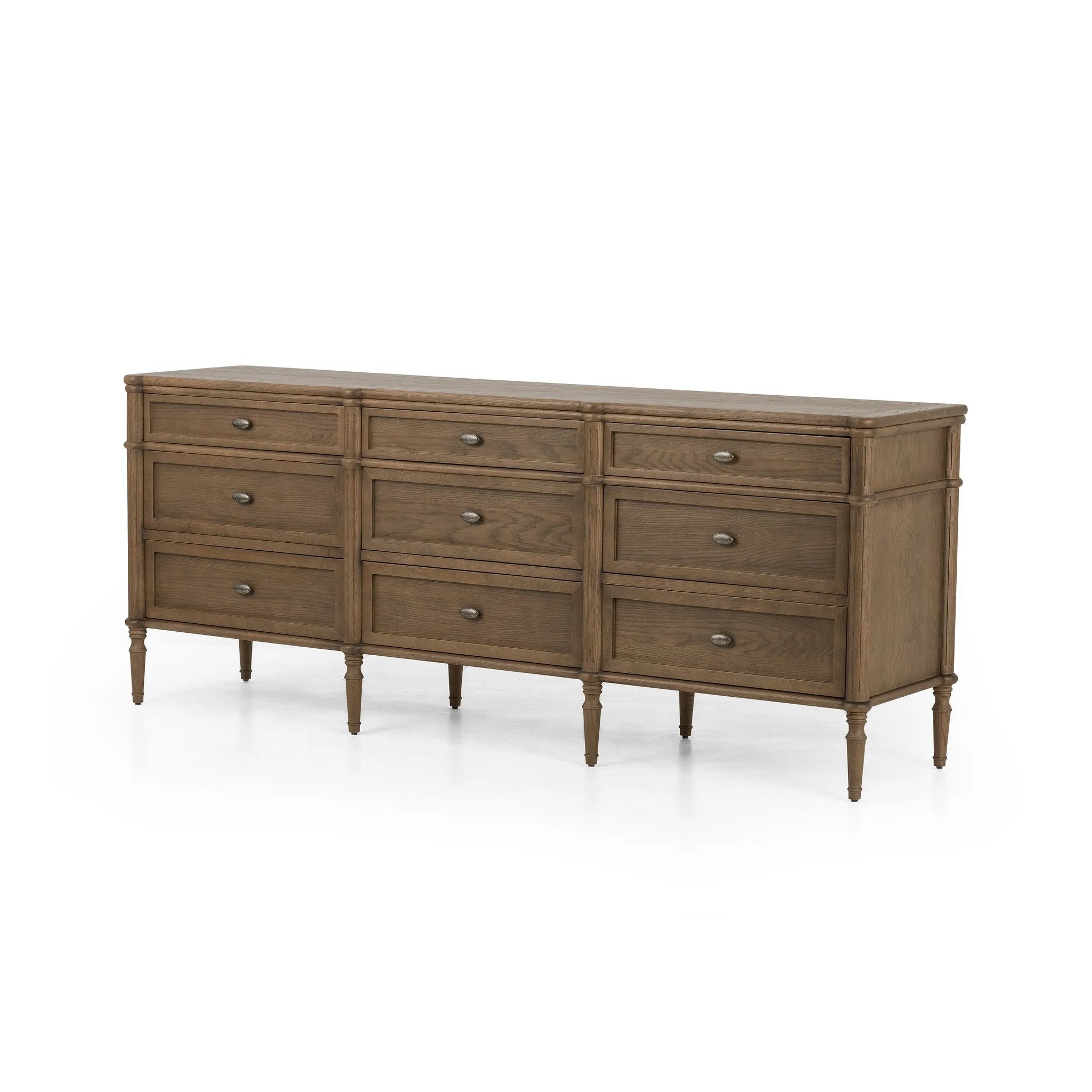 Made from toasted oak with slim legs, nine drawers bring antique European vibes to modern bedroom styling. This item has been modified to comply with the STURDY Act. See a full list of modified products and data changes in the “STURDY Act” file in the Downloads section below Amethyst Home provides interior design, new home construction design consulting, vintage area rugs, and lighting in the Calabasas metro area.
