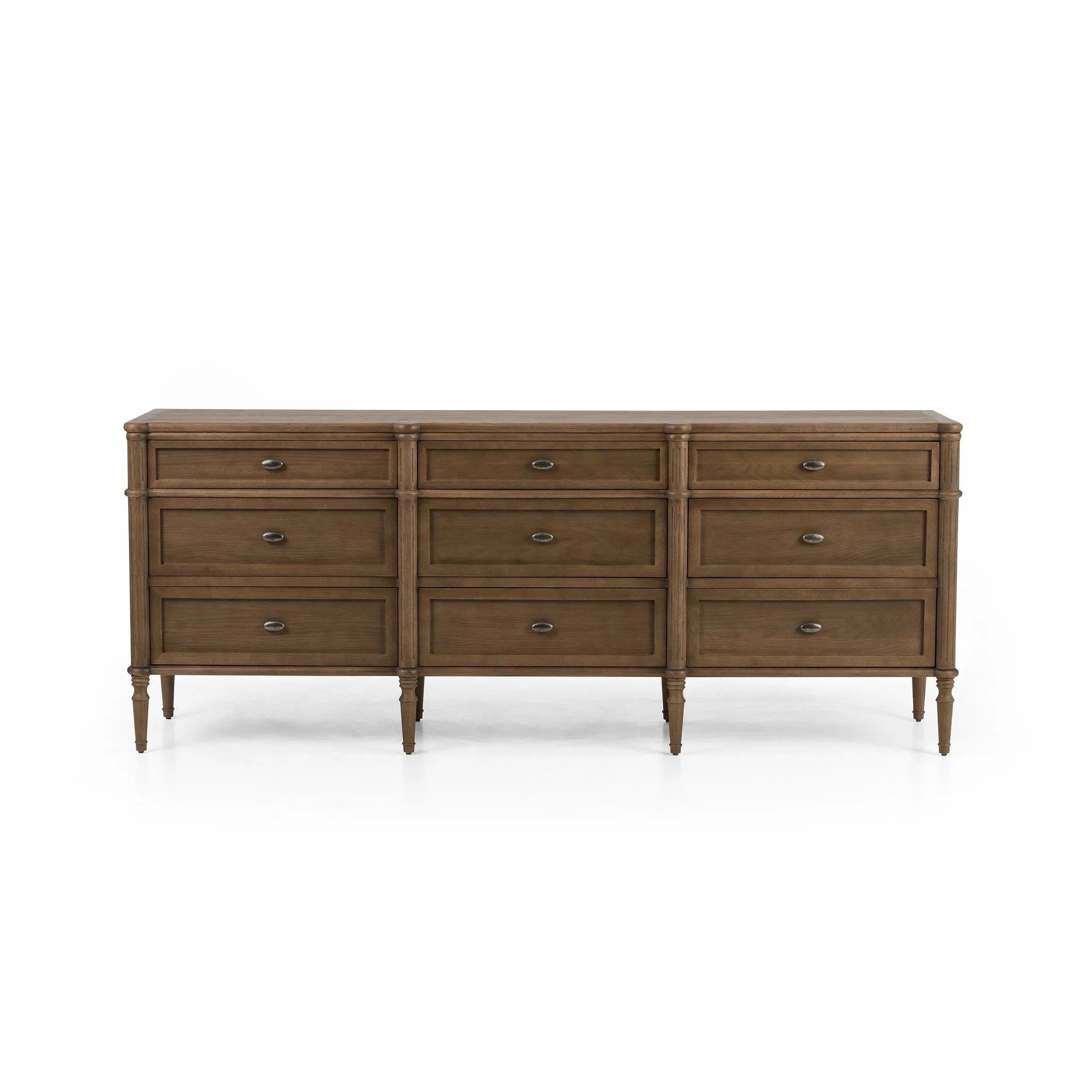 Made from toasted oak with slim legs, nine drawers bring antique European vibes to modern bedroom styling. This item has been modified to comply with the STURDY Act. See a full list of modified products and data changes in the “STURDY Act” file in the Downloads section below Amethyst Home provides interior design, new home construction design consulting, vintage area rugs, and lighting in the Dallas metro area.