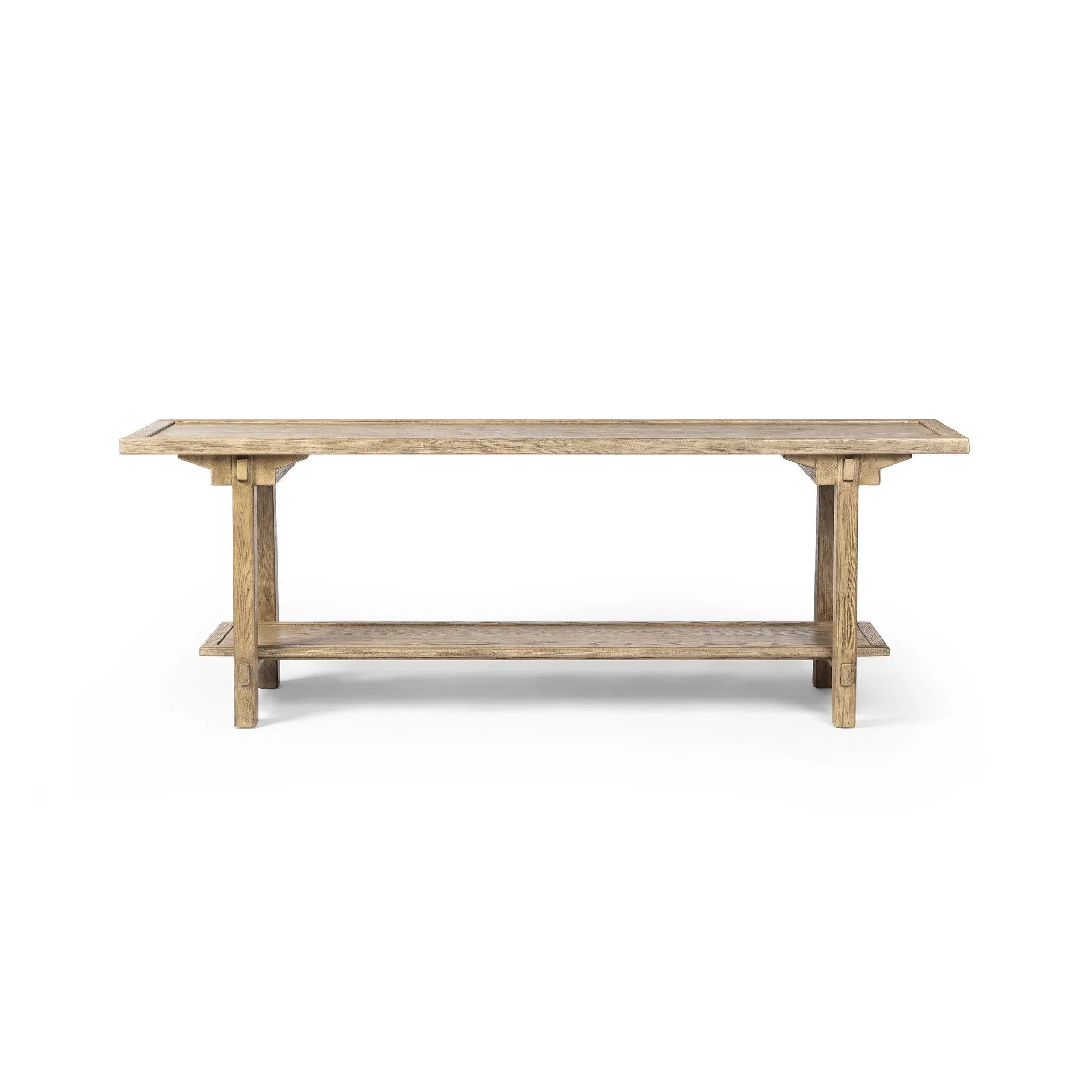 This Asian-inspired design made from light, distressed oak features mortise-and-tenon joinery, which connects protruding stretchers to sturdy legs. Lower shelving for bonus storage and display Amethyst Home provides interior design, new home construction design consulting, vintage area rugs, and lighting in the Austin metro area.