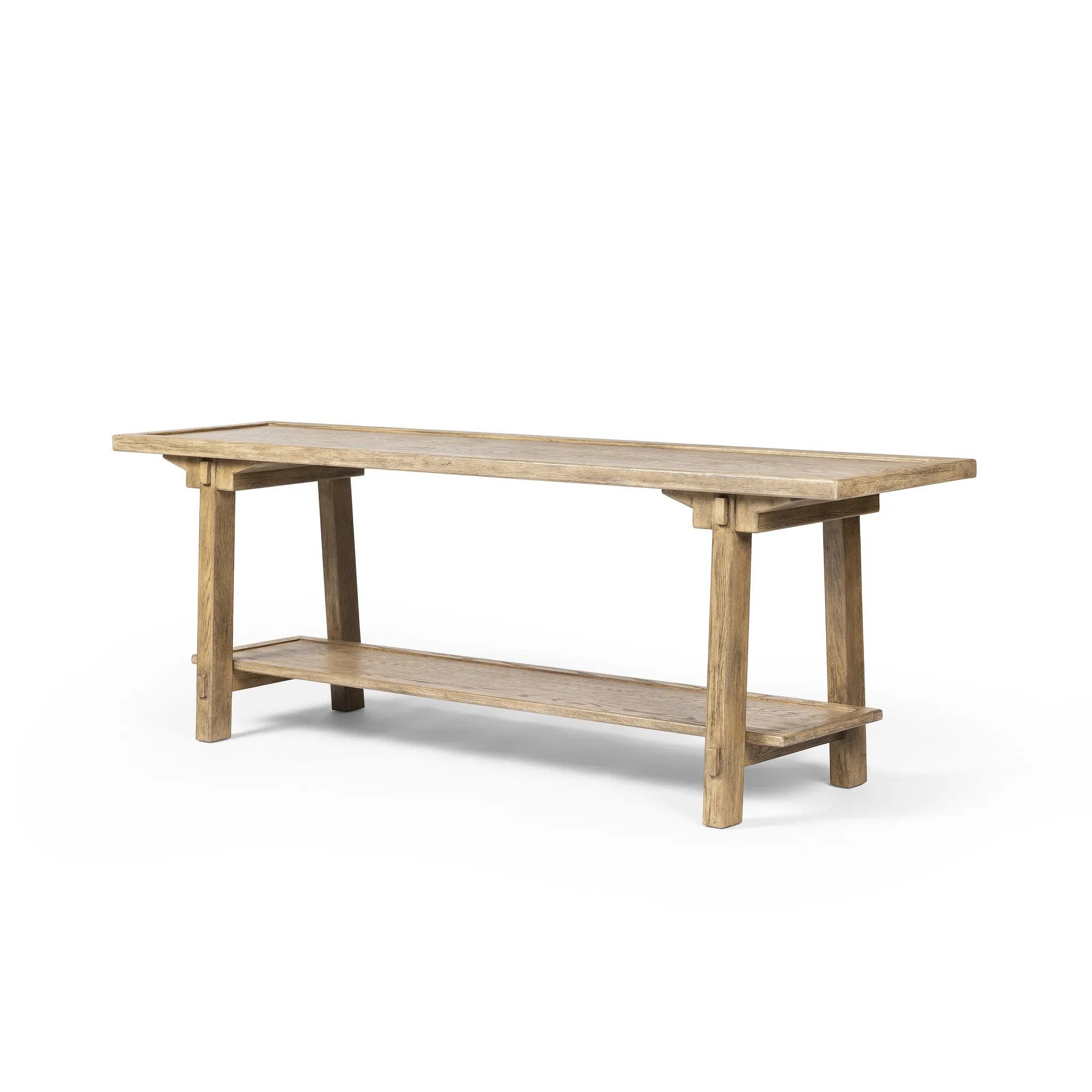 This Asian-inspired design made from light, distressed oak features mortise-and-tenon joinery, which connects protruding stretchers to sturdy legs. Lower shelving for bonus storage and display Amethyst Home provides interior design, new home construction design consulting, vintage area rugs, and lighting in the Boston metro area.