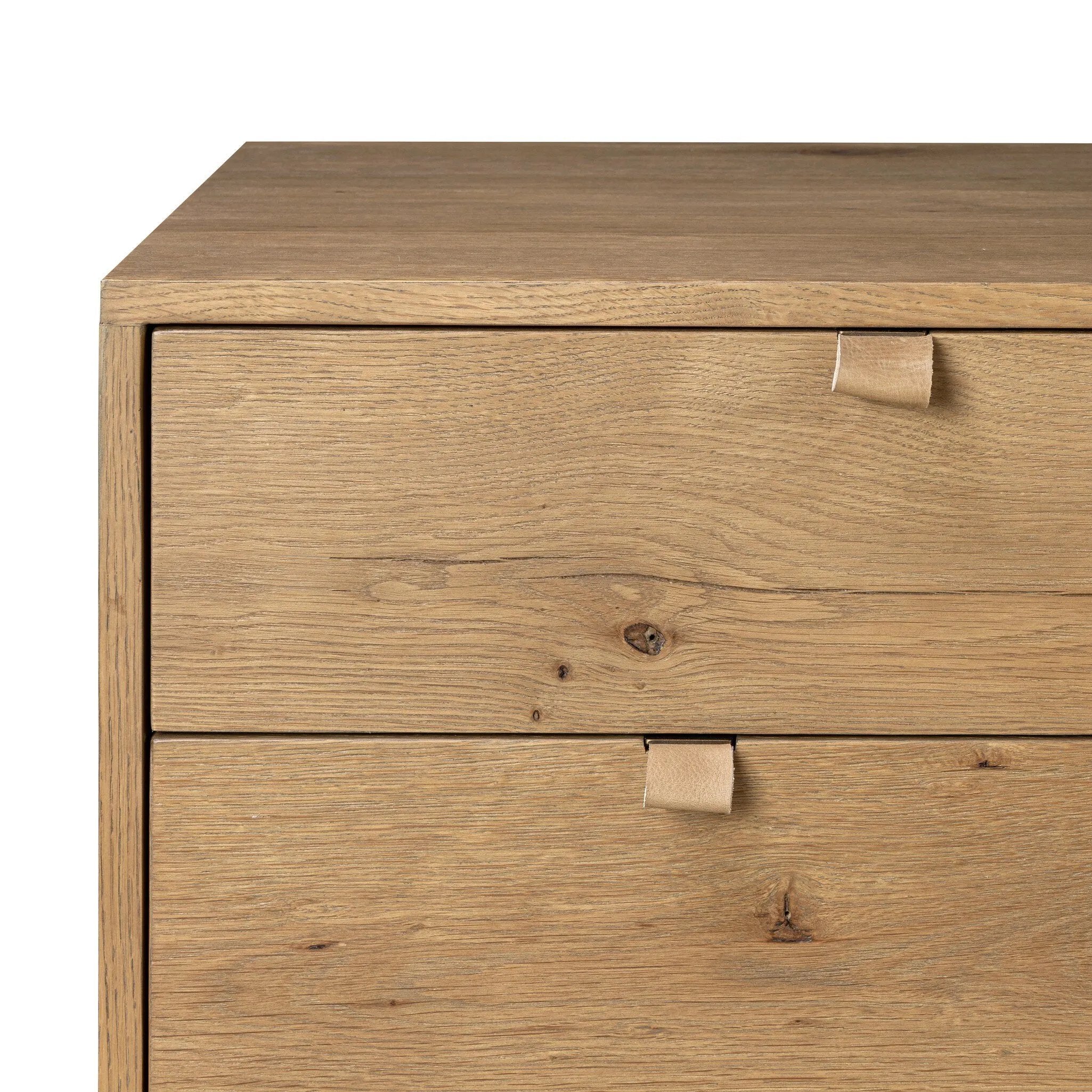 Modern Shaker style meets Scandinavian simplicity in this warm worn oak dresser. Seven spacious drawers with leather pulls provide plenty of room for clothing.As enthusiasts of organic modern materials at Amethyst, we love the warm modern inspired Tula 7 Drawer Dresser - Worn Oak Veneer. Amethyst Home provides interior design, new home construction design consulting, vintage area rugs, and lighting in the Washington metro area.