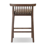 A low, linear counter stool inspired by Japanese tea houses, crafted from natural ash. Designed for comfort, a thick cushion seat is upholstered in a casual poly-linen blend Amethyst Home provides interior design, new home construction design consulting, vintage area rugs, and lighting in the Newport Beach metro area.
