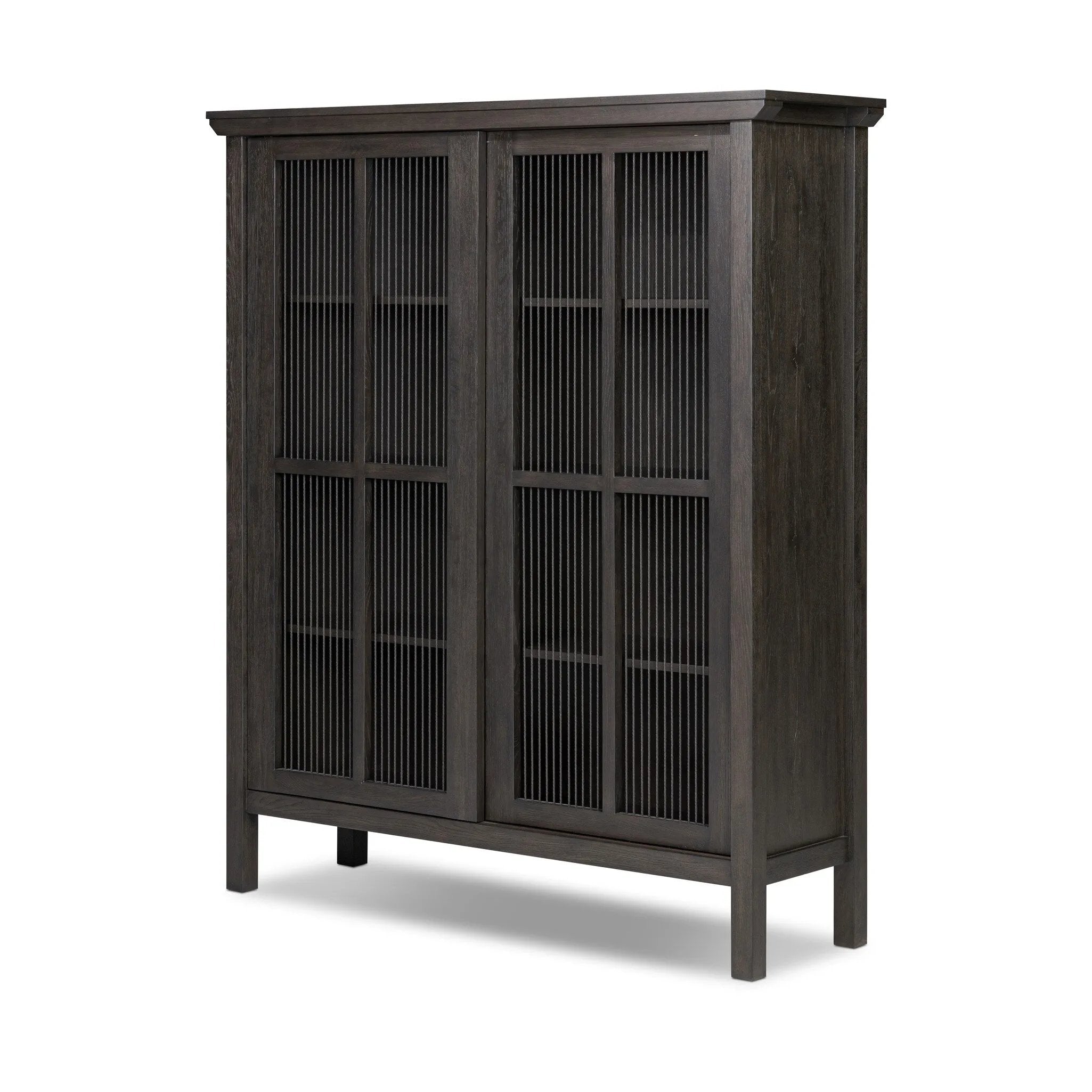 Long sliding doors with paper cord stripes inspired by Japanese teahouses bring a traditional look to this spacious cabinet. Made from oak in a smoked black finish, with a slightly oversized top.As lovers of luxe aesthetics at Amethyst, we love the optimistic inspired Tuscola Cabinet. Amethyst Home provides interior design, new home construction design consulting, vintage area rugs, and lighting in the Park City metro area.