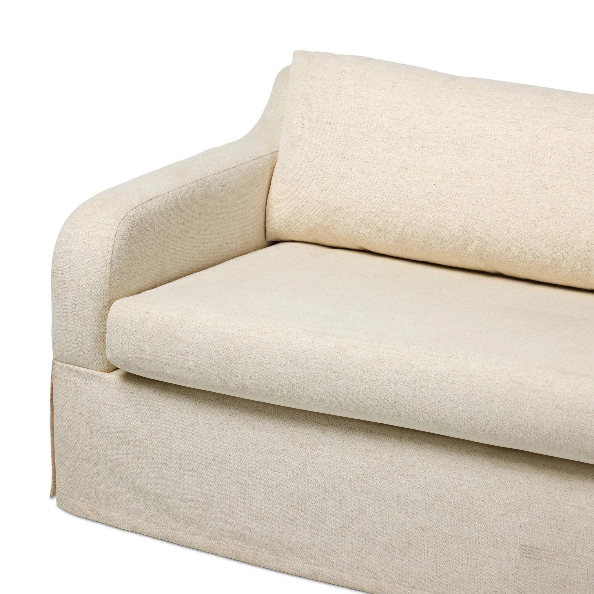 Meet the piece that can do it all. Specialized performance fabric covers a long bench-style seat, while a concealed sleeper mechanism allows for easy pullout to transform this flexible piece into an extra bed. Curved slope arms finish into a fixed slipcover with kick-pleats at the front. Amethyst Home provides interior design, new home construction design consulting, vintage area rugs, and lighting in the Los Angeles metro area.