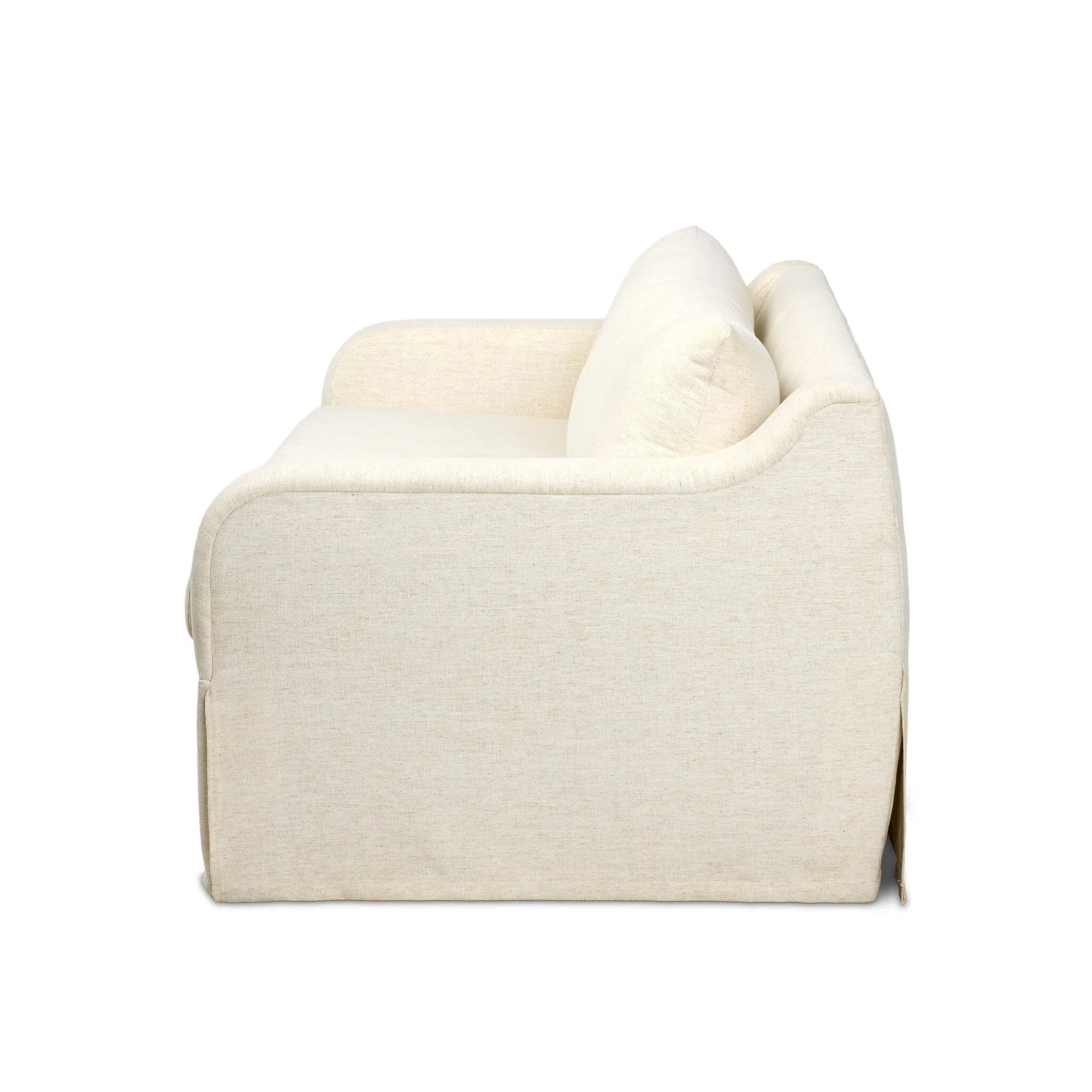 Meet the piece that can do it all. Specialized performance fabric covers a long bench-style seat, while a concealed sleeper mechanism allows for easy pullout to transform this flexible piece into an extra bed. Curved slope arms finish into a fixed slipcover with kick-pleats at the front. Amethyst Home provides interior design, new home construction design consulting, vintage area rugs, and lighting in the Miami metro area.