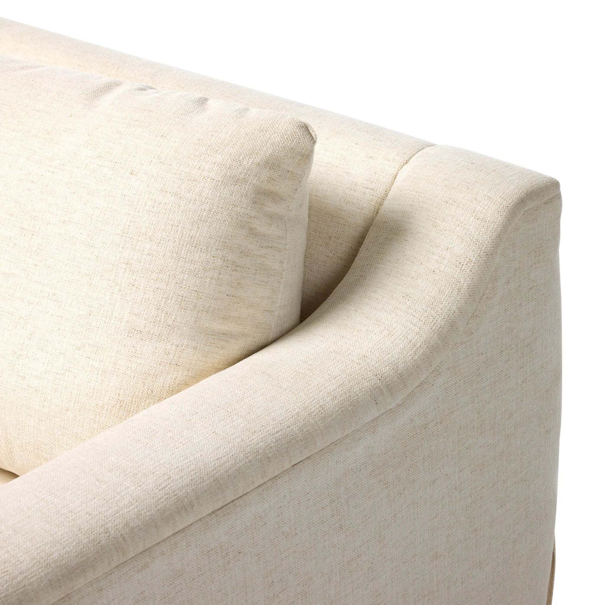 Meet the piece that can do it all. Specialized performance fabric covers a long bench-style seat, while a concealed sleeper mechanism allows for easy pullout to transform this flexible piece into an extra bed. Curved slope arms finish into a fixed slipcover with kick-pleats at the front. Amethyst Home provides interior design, new home construction design consulting, vintage area rugs, and lighting in the Newport Beach metro area.