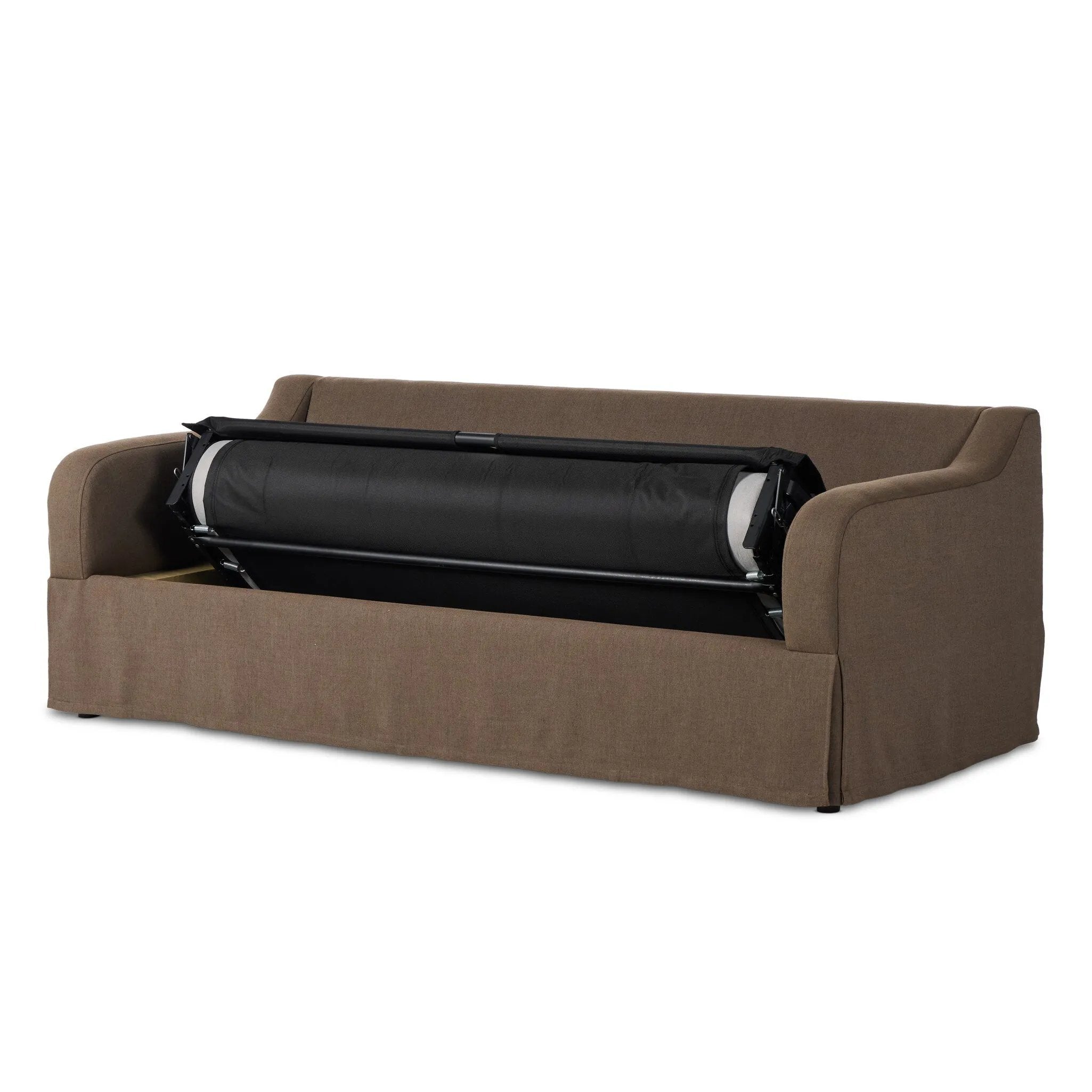 Meet the piece that can do it all. Coffee-colored fabric covers a long bench-style seat, while a concealed sleeper mechanism allows for easy pullout to transform this flexible piece into an extra bed. Curved slope arms finish into a fixed slipcover with kick-pleats at the front. Amethyst Home provides interior design, new home construction design consulting, vintage area rugs, and lighting in the Dallas metro area.