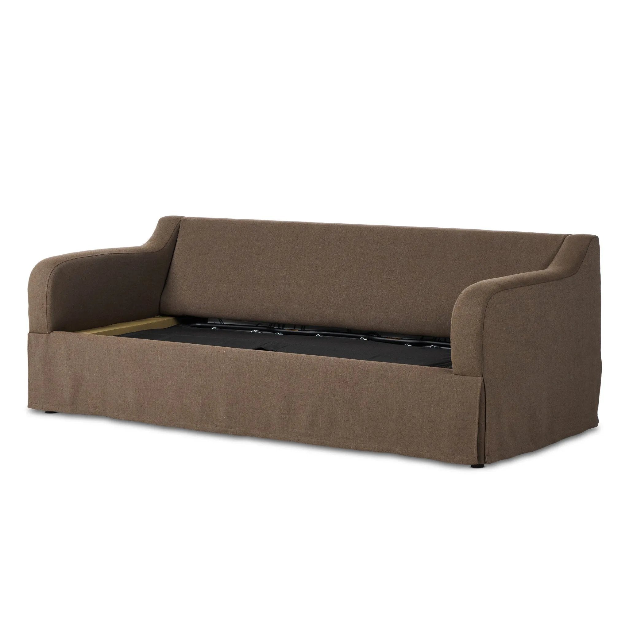 Meet the piece that can do it all. Coffee-colored fabric covers a long bench-style seat, while a concealed sleeper mechanism allows for easy pullout to transform this flexible piece into an extra bed. Curved slope arms finish into a fixed slipcover with kick-pleats at the front. Amethyst Home provides interior design, new home construction design consulting, vintage area rugs, and lighting in the Des Moines metro area.