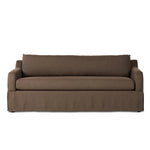 Meet the piece that can do it all. Coffee-colored fabric covers a long bench-style seat, while a concealed sleeper mechanism allows for easy pullout to transform this flexible piece into an extra bed. Curved slope arms finish into a fixed slipcover with kick-pleats at the front. Amethyst Home provides interior design, new home construction design consulting, vintage area rugs, and lighting in the Houston metro area.