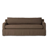 Meet the piece that can do it all. Coffee-colored fabric covers a long bench-style seat, while a concealed sleeper mechanism allows for easy pullout to transform this flexible piece into an extra bed. Curved slope arms finish into a fixed slipcover with kick-pleats at the front. Amethyst Home provides interior design, new home construction design consulting, vintage area rugs, and lighting in the Houston metro area.