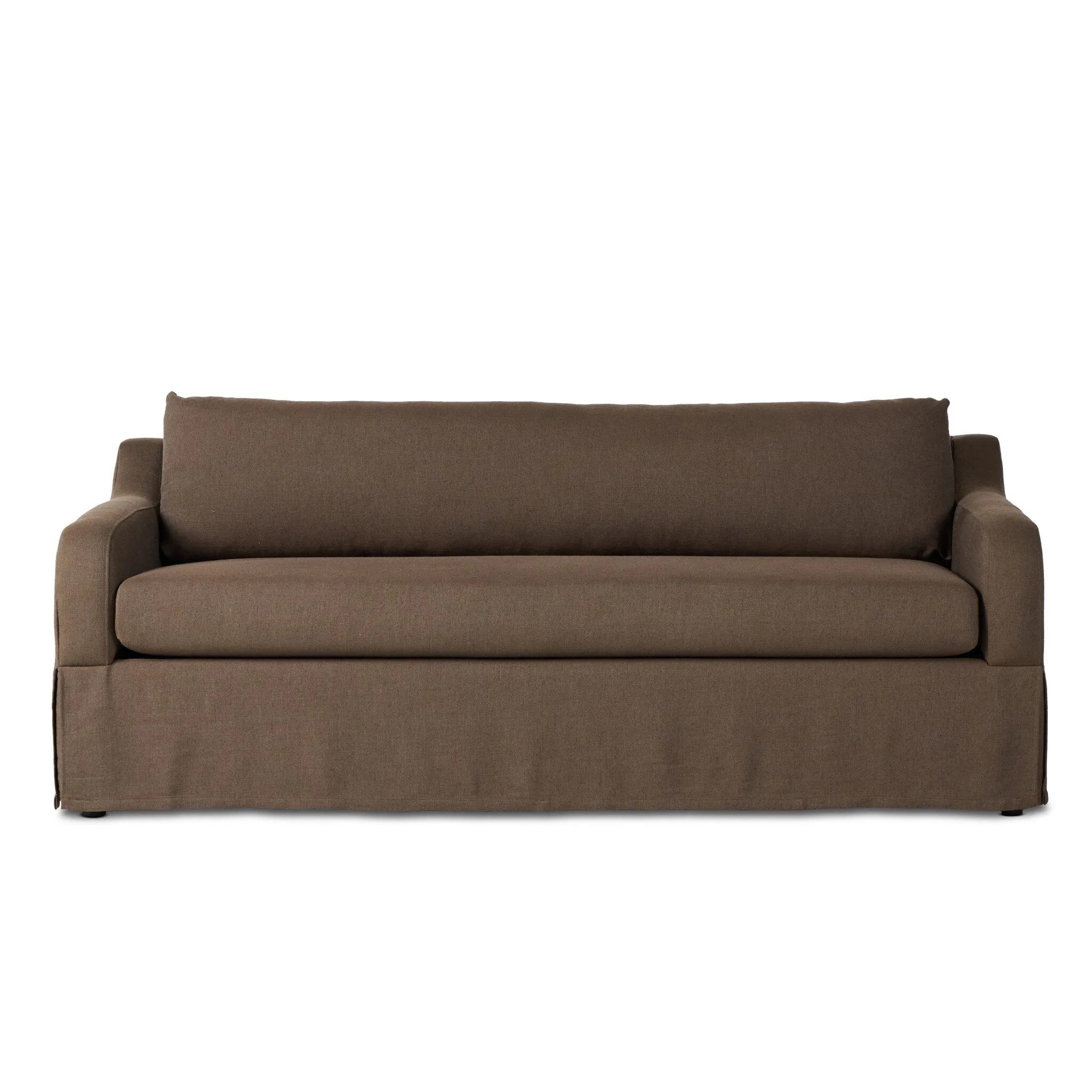 Meet the piece that can do it all. Coffee-colored fabric covers a long bench-style seat, while a concealed sleeper mechanism allows for easy pullout to transform this flexible piece into an extra bed. Curved slope arms finish into a fixed slipcover with kick-pleats at the front. Amethyst Home provides interior design, new home construction design consulting, vintage area rugs, and lighting in the Houston metro area.