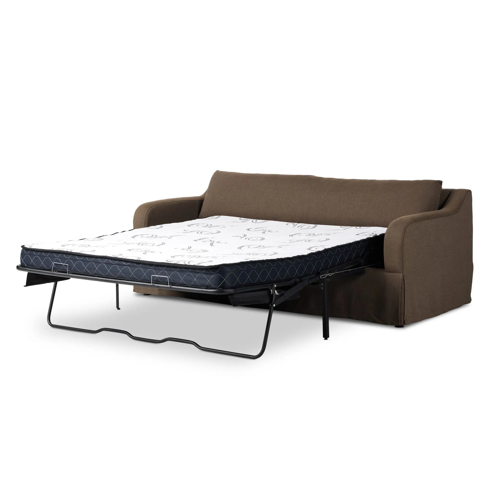 Meet the piece that can do it all. Coffee-colored fabric covers a long bench-style seat, while a concealed sleeper mechanism allows for easy pullout to transform this flexible piece into an extra bed. Curved slope arms finish into a fixed slipcover with kick-pleats at the front. Amethyst Home provides interior design, new home construction design consulting, vintage area rugs, and lighting in the Monterey metro area.