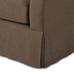 Meet the piece that can do it all. Coffee-colored fabric covers a long bench-style seat, while a concealed sleeper mechanism allows for easy pullout to transform this flexible piece into an extra bed. Curved slope arms finish into a fixed slipcover with kick-pleats at the front. Amethyst Home provides interior design, new home construction design consulting, vintage area rugs, and lighting in the Park City metro area.