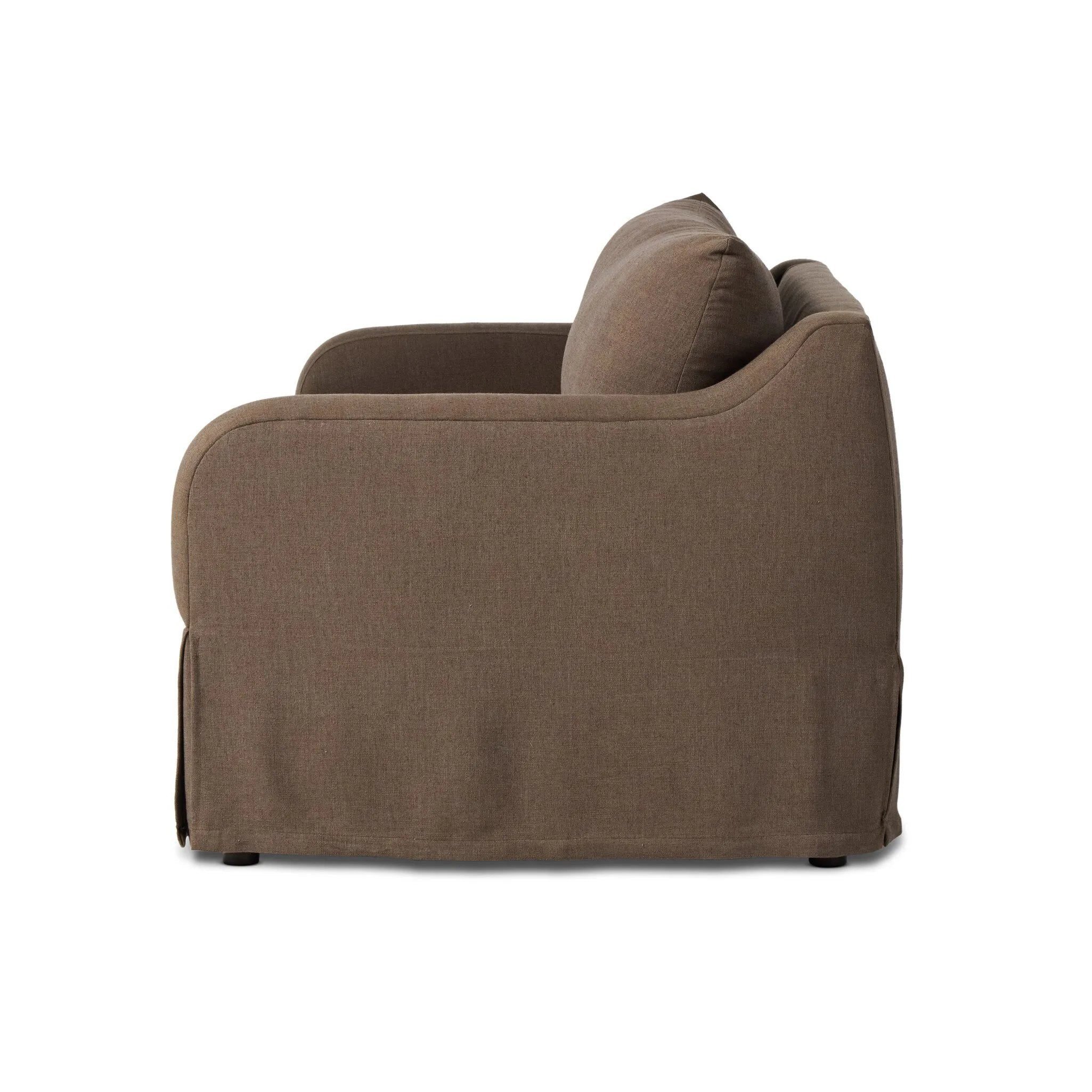 Meet the piece that can do it all. Coffee-colored fabric covers a long bench-style seat, while a concealed sleeper mechanism allows for easy pullout to transform this flexible piece into an extra bed. Curved slope arms finish into a fixed slipcover with kick-pleats at the front. Amethyst Home provides interior design, new home construction design consulting, vintage area rugs, and lighting in the Washington metro area.