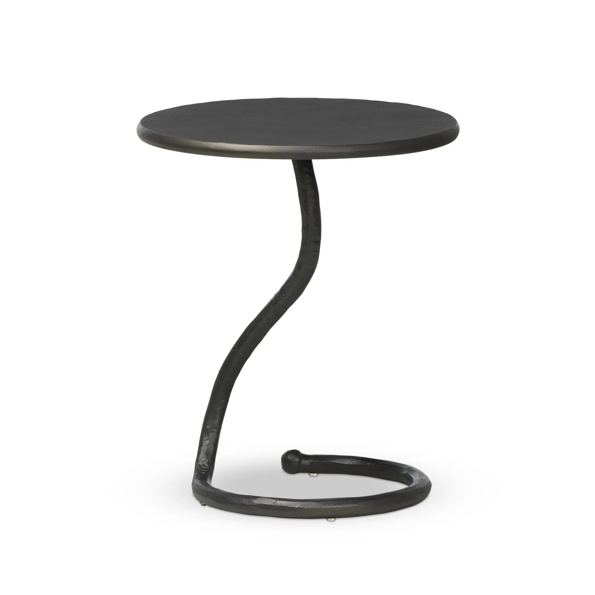 Featuring Vera Hammered Gunmetal End Table by Four Hands at Amethyst Home. A low-profile end table features a snake-like base finished in a hammered gunmetal. Perfectly sized to keep your favorite drink or book within reach, to make your evening ritual a little smoother. Overall Dimensions: 16.00"w x 16.00"d x 18.75"h. Amethyst Home provides interior design, new home construction design consulting, vintage area rugs, and lighting in the Los Angeles metro area.