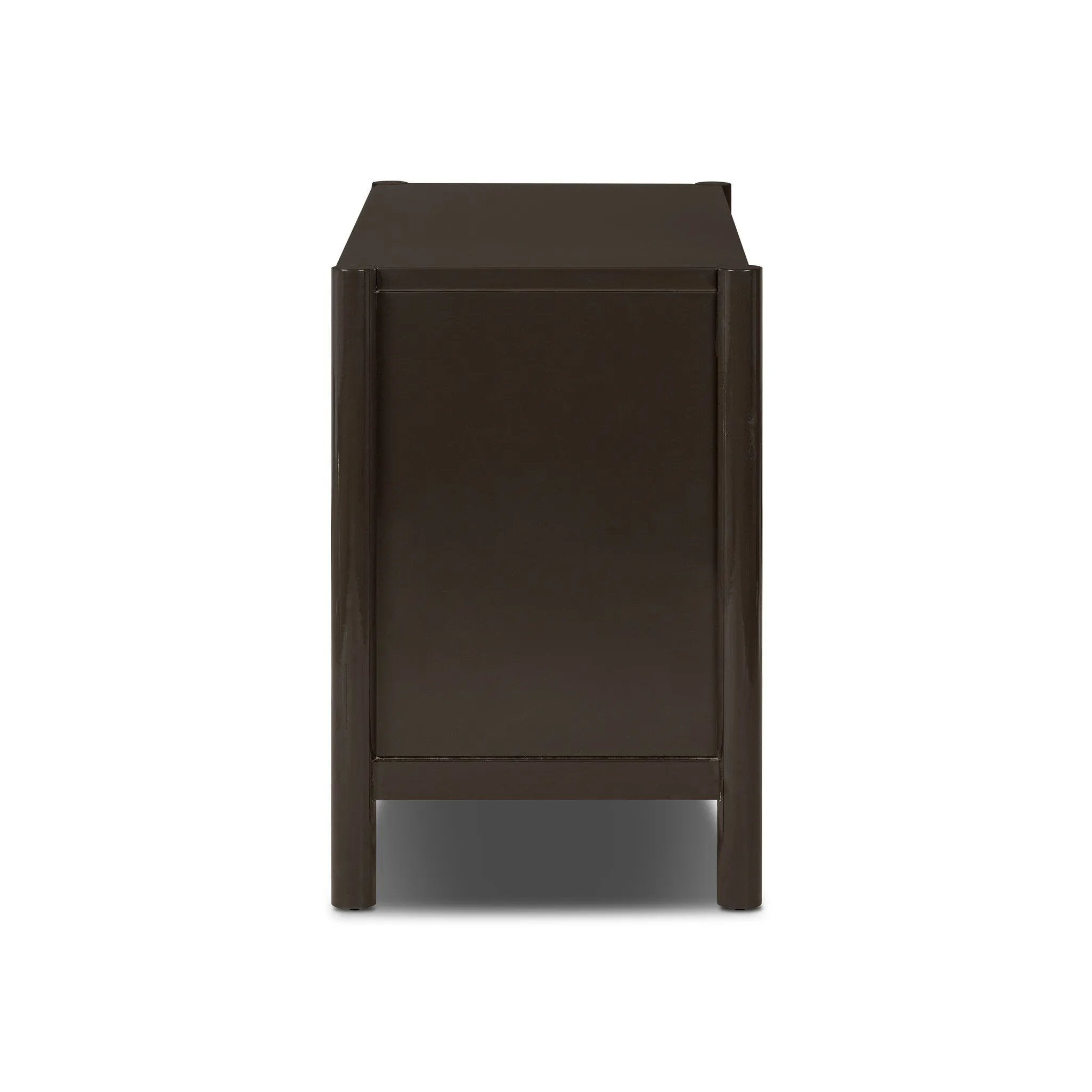 Lacquered cabinets make for evocative storage with their everlasting glossy finish. Great for small spaces, this sideboard with interior shelves features worn black oak doors for balance and contrast Amethyst Home provides interior design, new home construction design consulting, vintage area rugs, and lighting in the Los Angeles metro area.