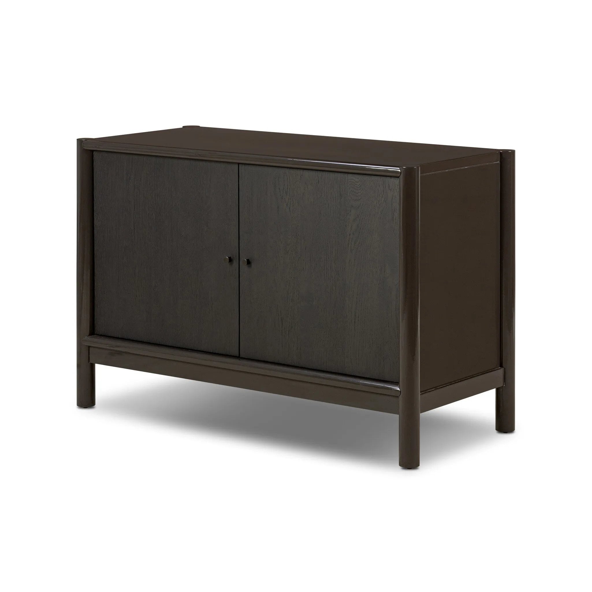 Lacquered cabinets make for evocative storage with their everlasting glossy finish. Great for small spaces, this sideboard with interior shelves features worn black oak doors for balance and contrast Amethyst Home provides interior design, new home construction design consulting, vintage area rugs, and lighting in the Monterey metro area.