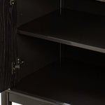 Lacquered cabinets make for evocative storage with their everlasting glossy finish. Great for small spaces, this sideboard with interior shelves features worn black oak doors for balance and contrast Amethyst Home provides interior design, new home construction design consulting, vintage area rugs, and lighting in the Salt Lake City metro area.