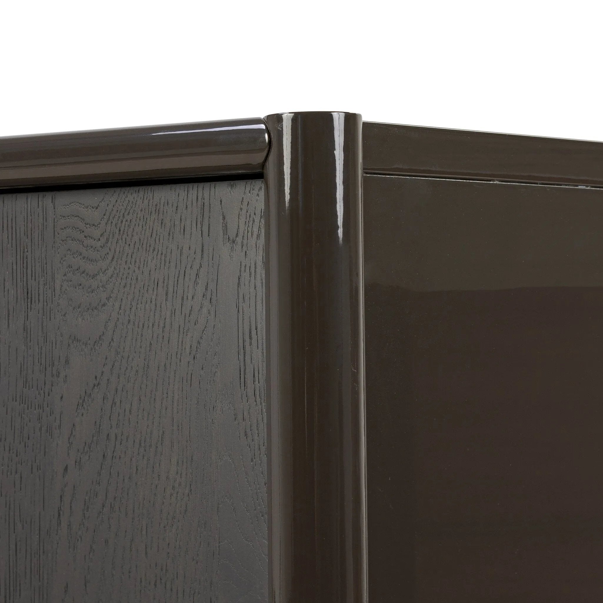 Lacquered cabinets make for evocative storage with their everlasting glossy finish. Great for small spaces, this sideboard with interior shelves features worn black oak doors for balance and contrast Amethyst Home provides interior design, new home construction design consulting, vintage area rugs, and lighting in the San Diego metro area.