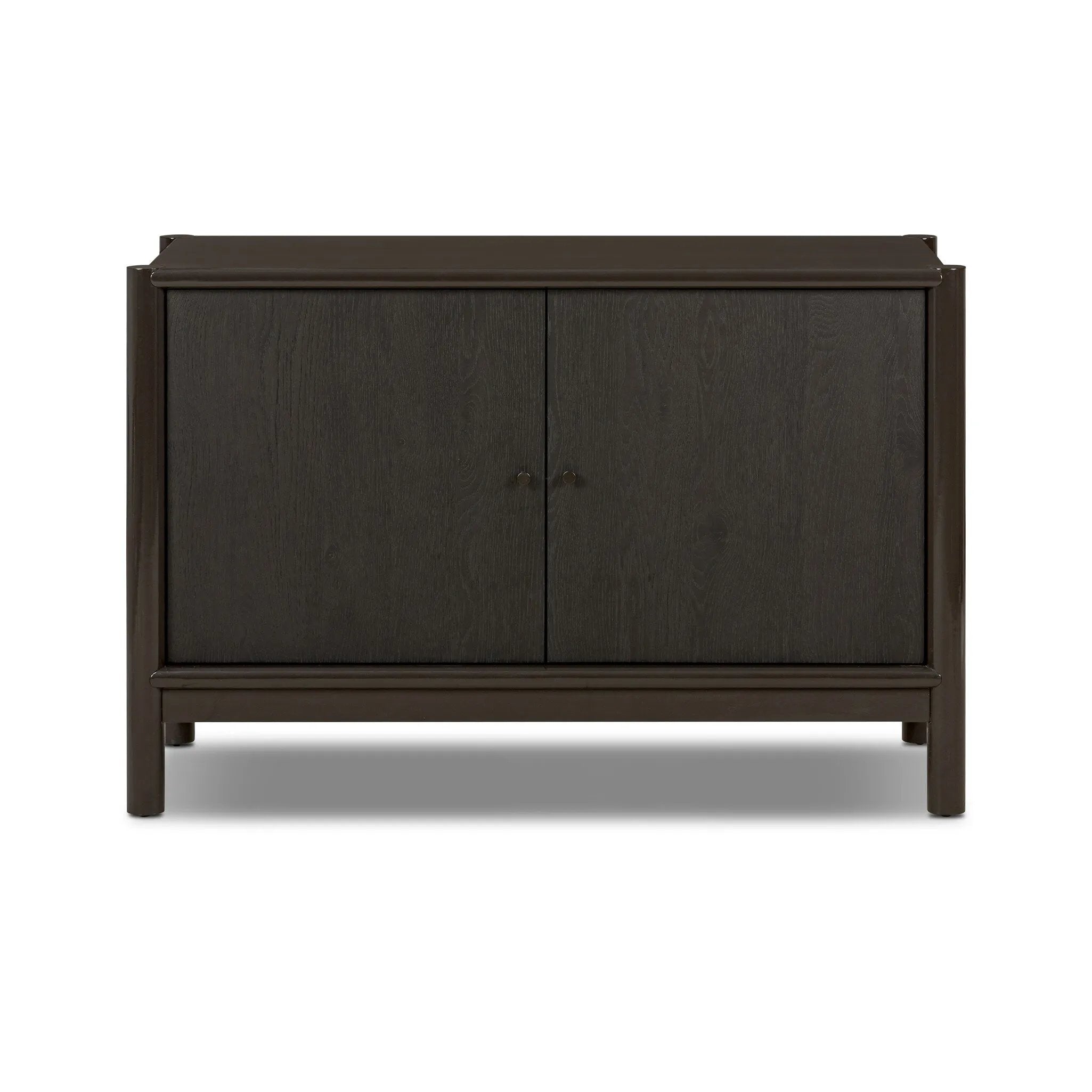 Lacquered cabinets make for evocative storage with their everlasting glossy finish. Great for small spaces, this sideboard with interior shelves features worn black oak doors for balance and contrast Amethyst Home provides interior design, new home construction design consulting, vintage area rugs, and lighting in the Seattle metro area.