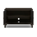 Lacquered cabinets make for evocative storage with their everlasting glossy finish. Great for small spaces, this sideboard with interior shelves features worn black oak doors for balance and contrast Amethyst Home provides interior design, new home construction design consulting, vintage area rugs, and lighting in the Washington metro area.