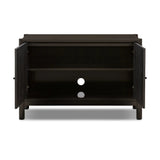 Lacquered cabinets make for evocative storage with their everlasting glossy finish. Great for small spaces, this sideboard with interior shelves features worn black oak doors for balance and contrast Amethyst Home provides interior design, new home construction design consulting, vintage area rugs, and lighting in the Washington metro area.
