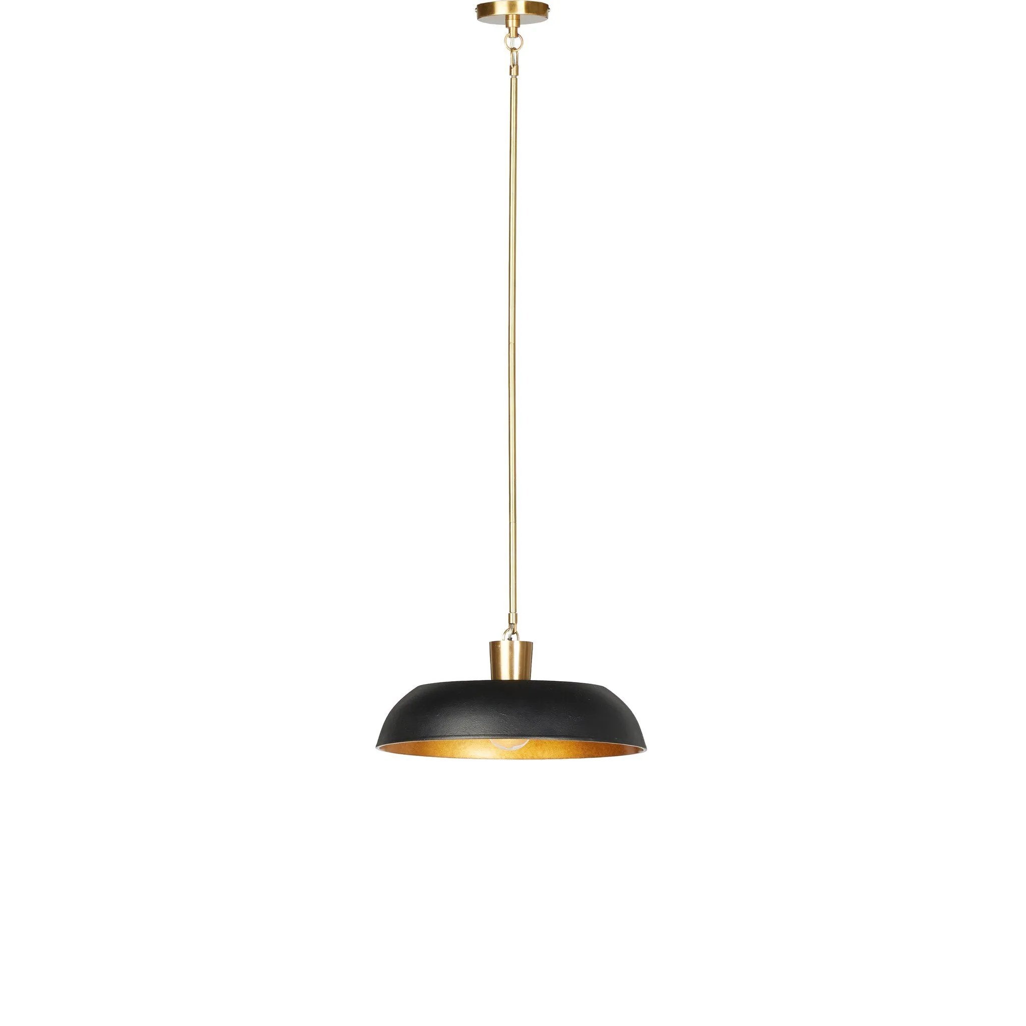 Low-profile pendant light with wide cast aluminum shade in a black textured finish. Gold leaf interior reflects to emit a warm, inviting glow that meets vintage inspiration and modern simplicity.Collection: Dan Amethyst Home provides interior design, new home construction design consulting, vintage area rugs, and lighting in the Winter Garden metro area.