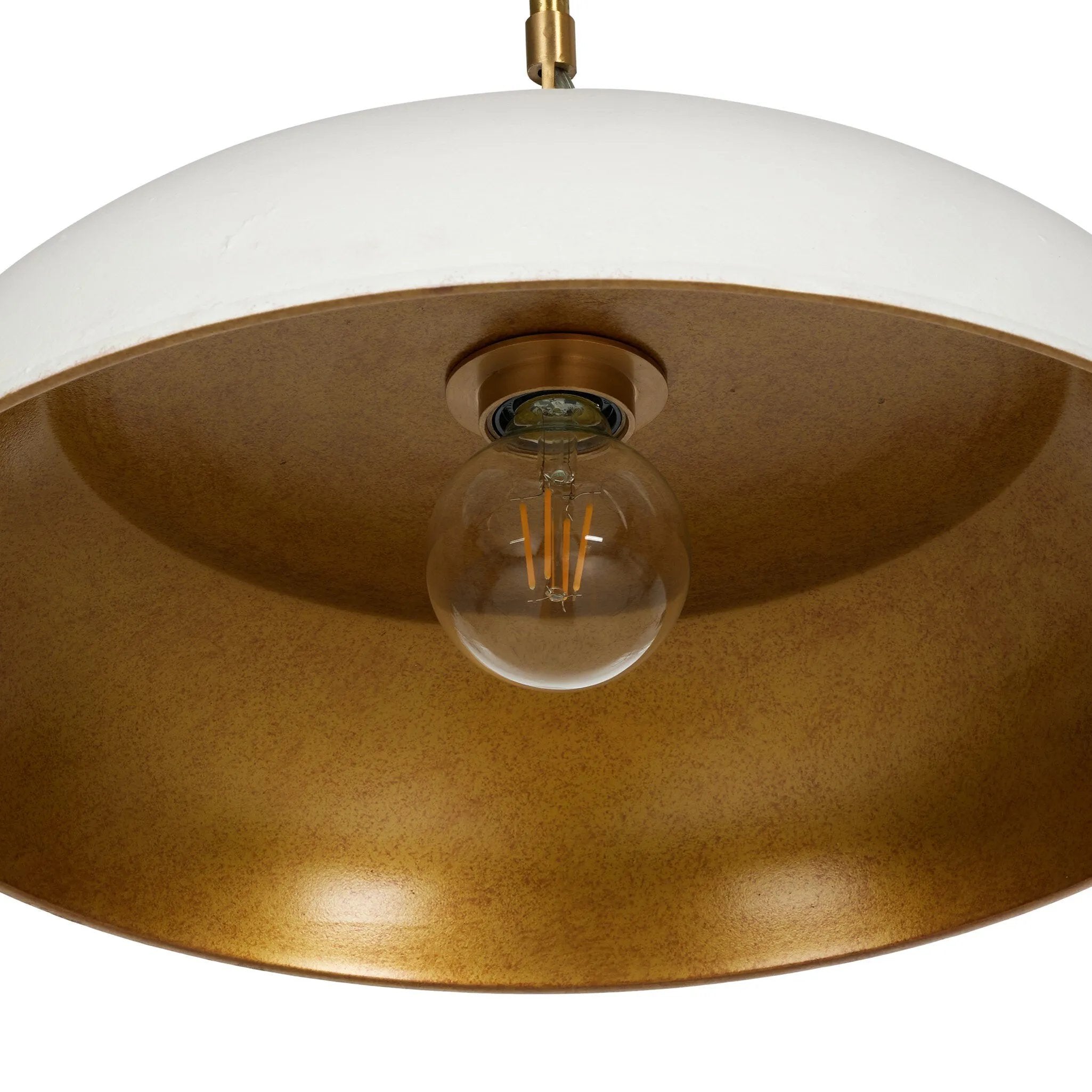 Low-profile pendant light with wide cast aluminum shade in a white textured finish. Gold leaf interior reflects to emit a warm, inviting glow that meets vintage inspiration and modern simplicity.Collection: Dan Amethyst Home provides interior design, new home construction design consulting, vintage area rugs, and lighting in the Austin metro area.